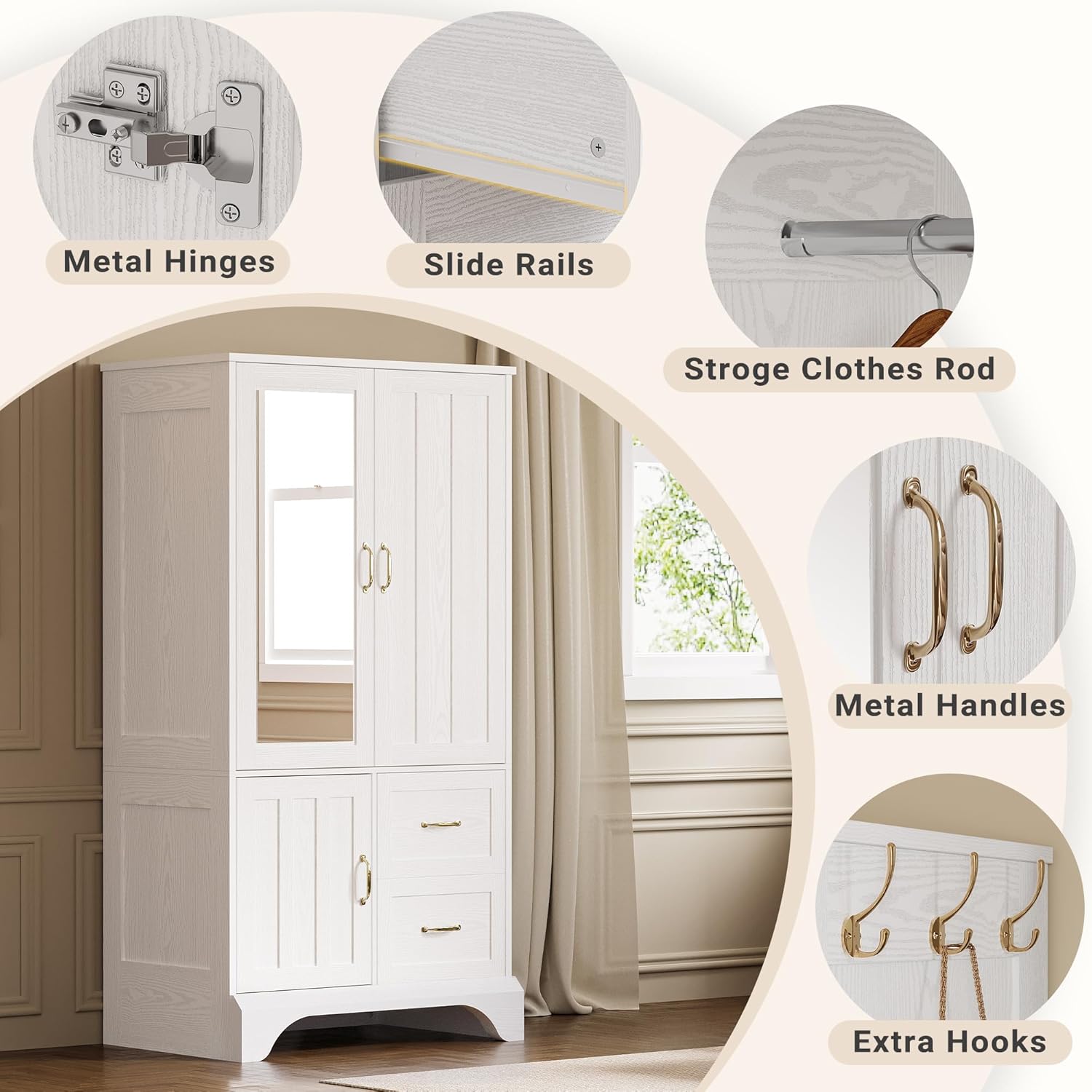 White 3-Door Mirrored Wooden Armoire Wardrobe Closet with 2 Drawers & Hanging Rod