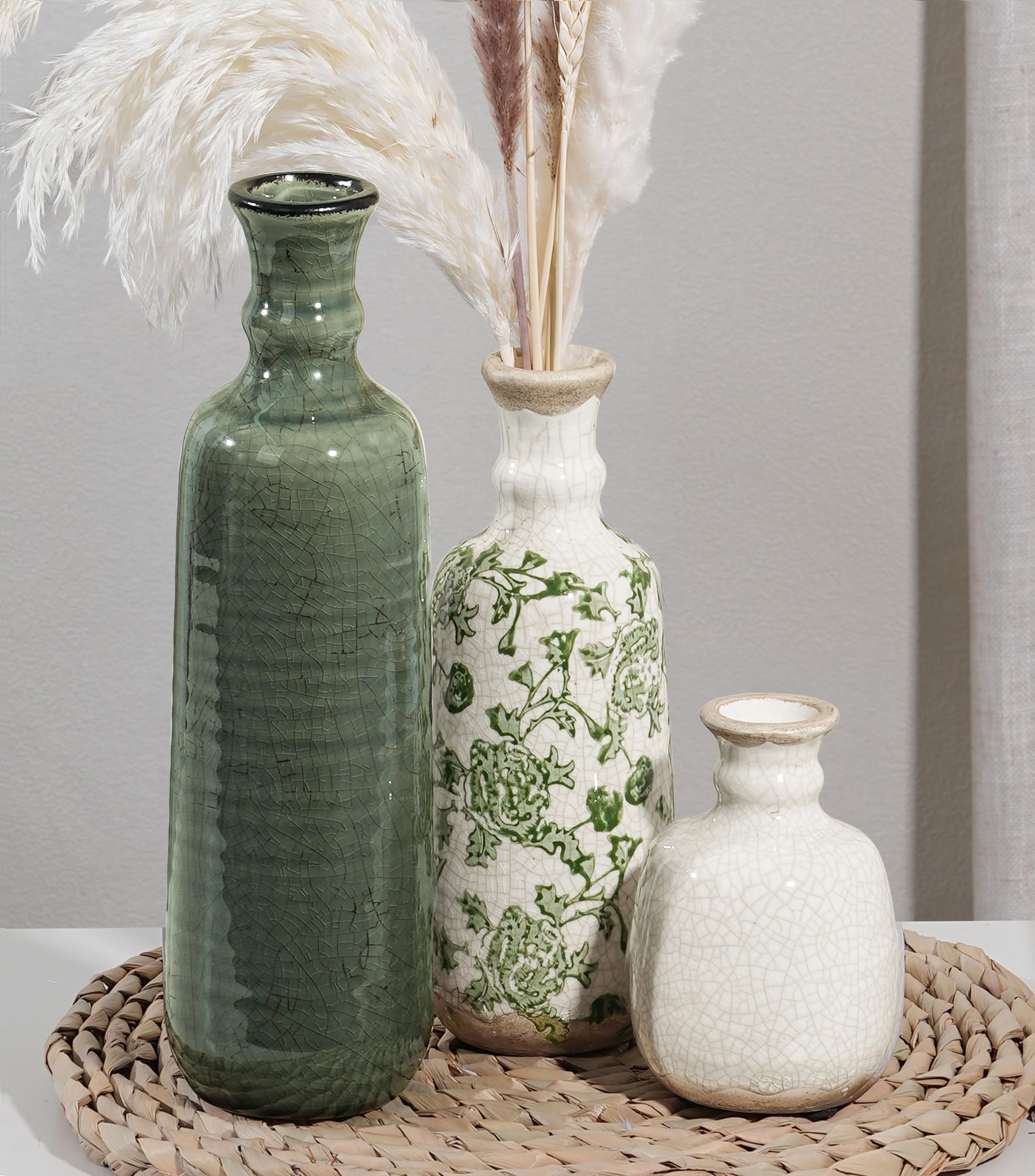 Ceramic Vase Set, 3Pcs Flower Vases for Modern Boho Farmhouse Decor, Decorative Vases for Pampas Grass & Dried Flowers, Distressed Finish