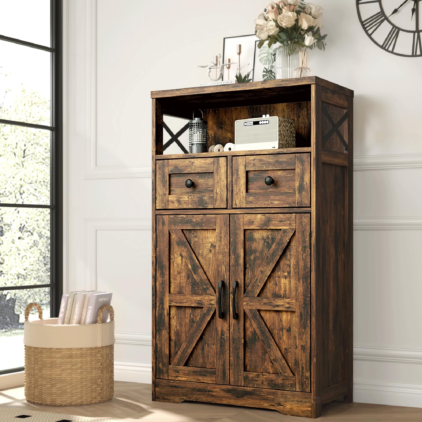 Befrases Farmhouse White Storage Cabinet with Doors and Drawers, Freestanding Kitchen Pantry Cabinet, Floor Storage Cabinet Hutch Cupboard for Kitchen, Living Dining Room, Bathroom