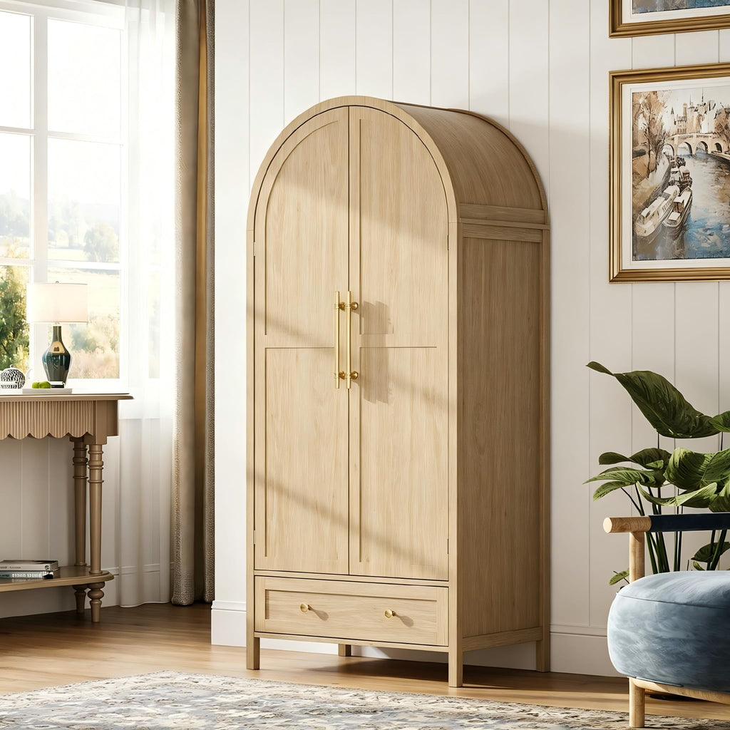 VINGLI Arched Wardrobe Closet Armoire with Drawer, 70" Tall Wooden Wardrobe Closet,Clothing Storage Cabinet, Large Capacity Storage, Natural Oak