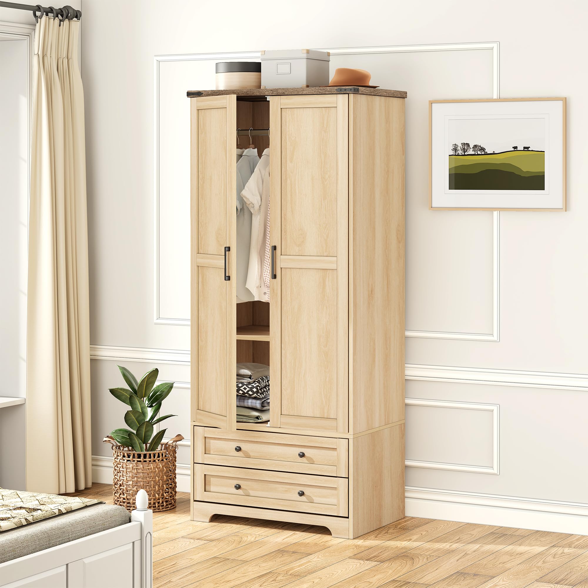 Brafab Armoire Wardrobe Closet with 2 Rattan Doors, 71" Farmhouse Tall Freestanding Coat Closet Wardrobe Cabinet with Drawers and Hanging Rail, Wooden Armoire Storage Cabinet with Shelf for Bedroom