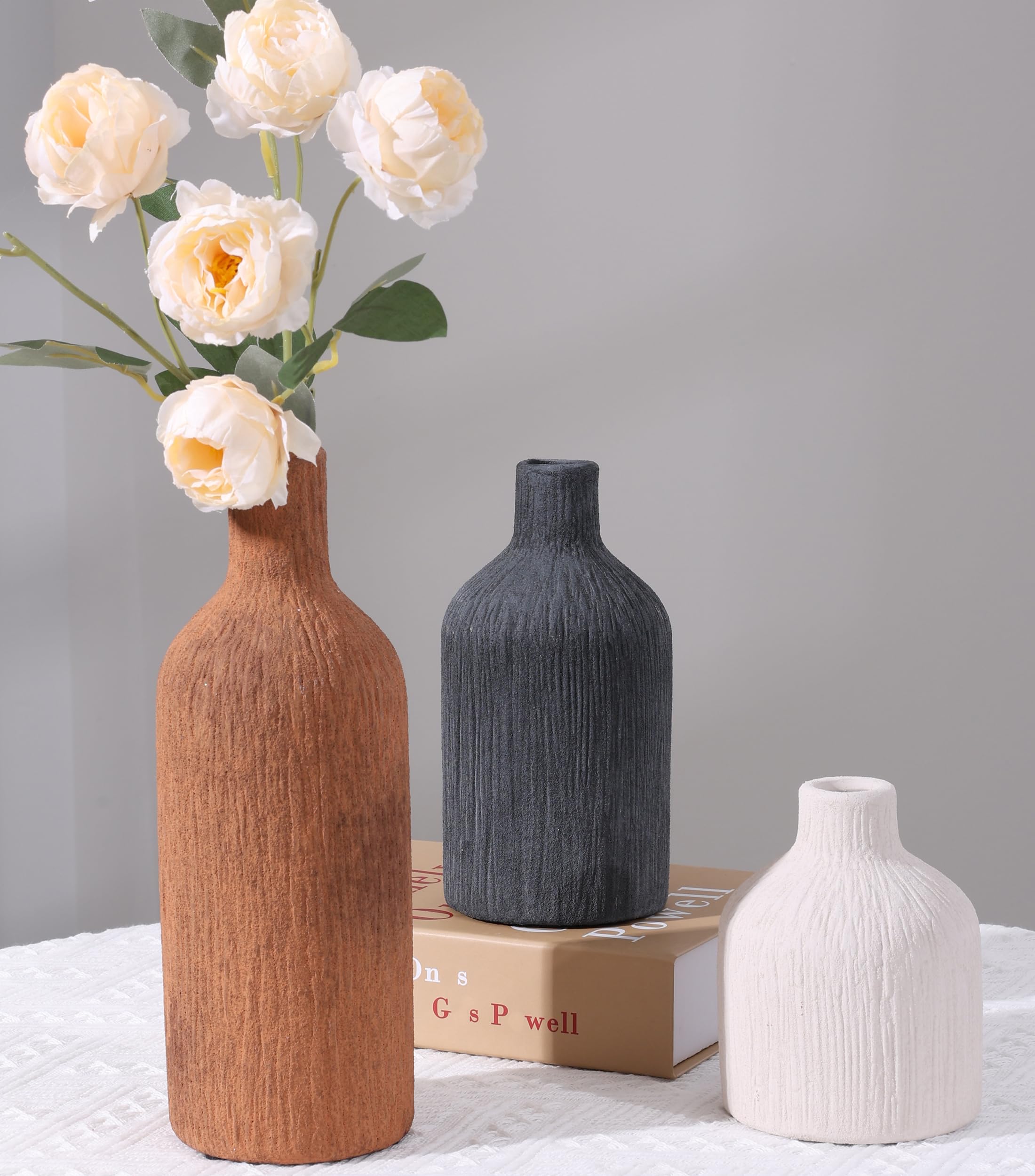 Ceramic Vase Set, 3Pcs Flower Vases for Modern Boho Farmhouse Decor, Decorative Vases for Pampas Grass & Dried Flowers, Distressed Finish
