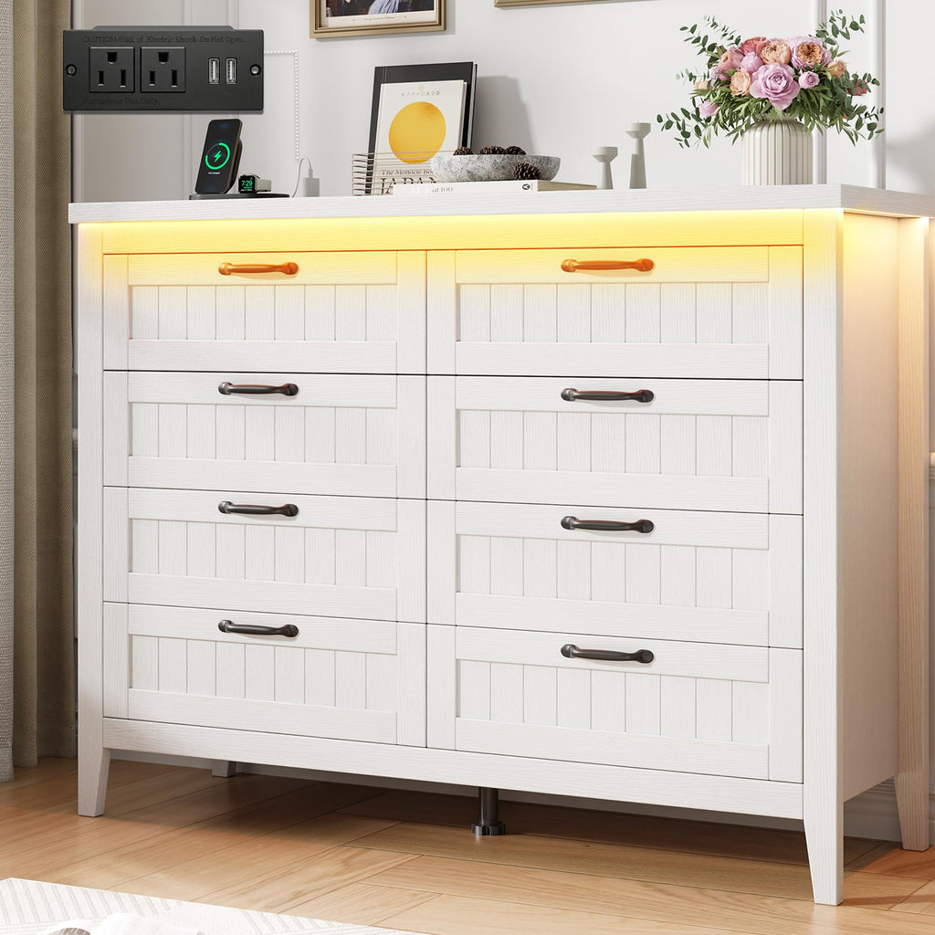 GarveeHome Farmhouse 6 Drawer Dresser with Charging Station & LED Lights, Slim Wooden Bedroom Dresser, Rustic Chest of Drawers Clothes Storage Organizer for Closet Dorm Apartments, White