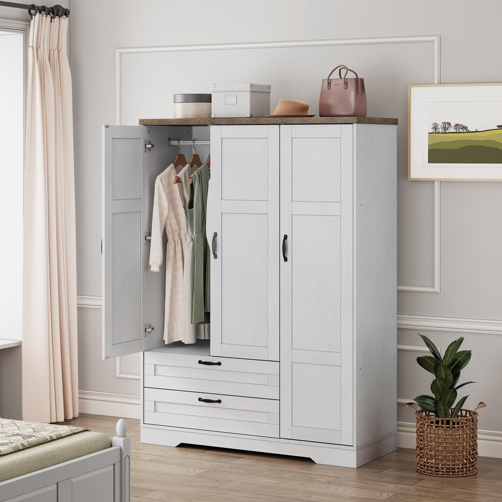 Brafab Armoire Wardrobe Closet with 2 Rattan Doors, 71" Farmhouse Tall Freestanding Coat Closet Wardrobe Cabinet with Drawers and Hanging Rail, Wooden Armoire Storage Cabinet with Shelf for Bedroom