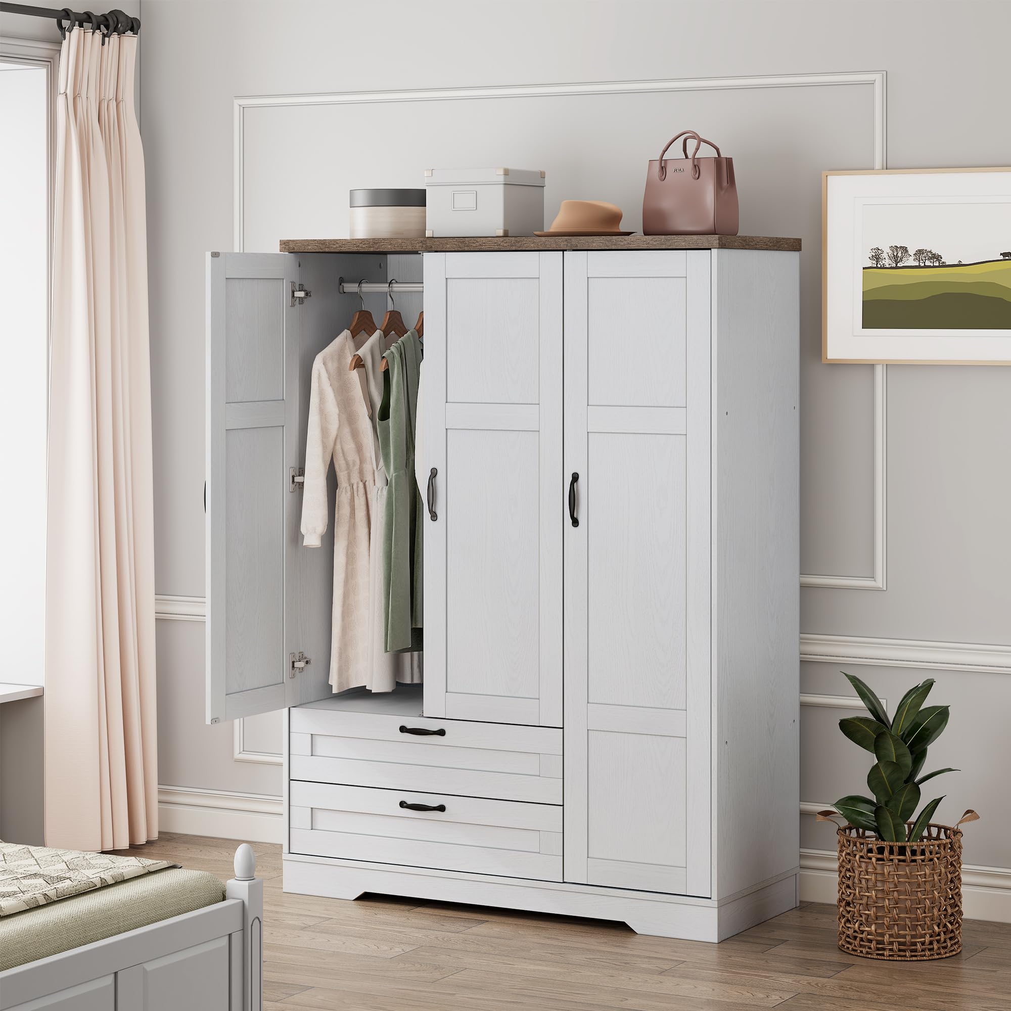 Brafab Armoire Wardrobe Closet with 2 Rattan Doors, 71" Farmhouse Tall Freestanding Coat Closet Wardrobe Cabinet with Drawers and Hanging Rail, Wooden Armoire Storage Cabinet with Shelf for Bedroom