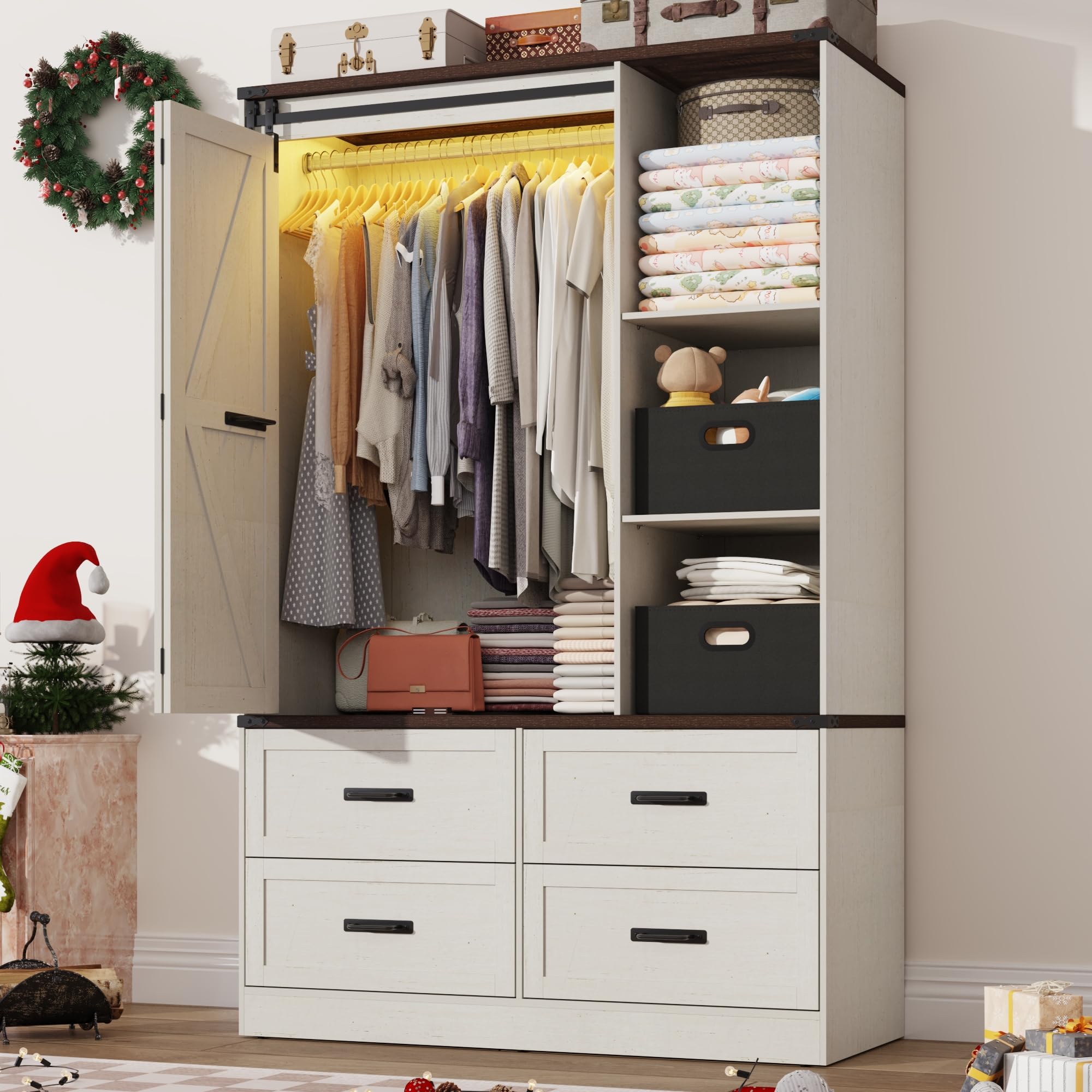 Farmhouse 3 Doors Armoire Wardrobe Closet w/Folding Sliding Barn Door and Lights, LED Armoire Closet w/Drawers for Bedroom, Freestanding Wooden Wardrobe Storage Closets w/Hanging Rod,Rustic Brown