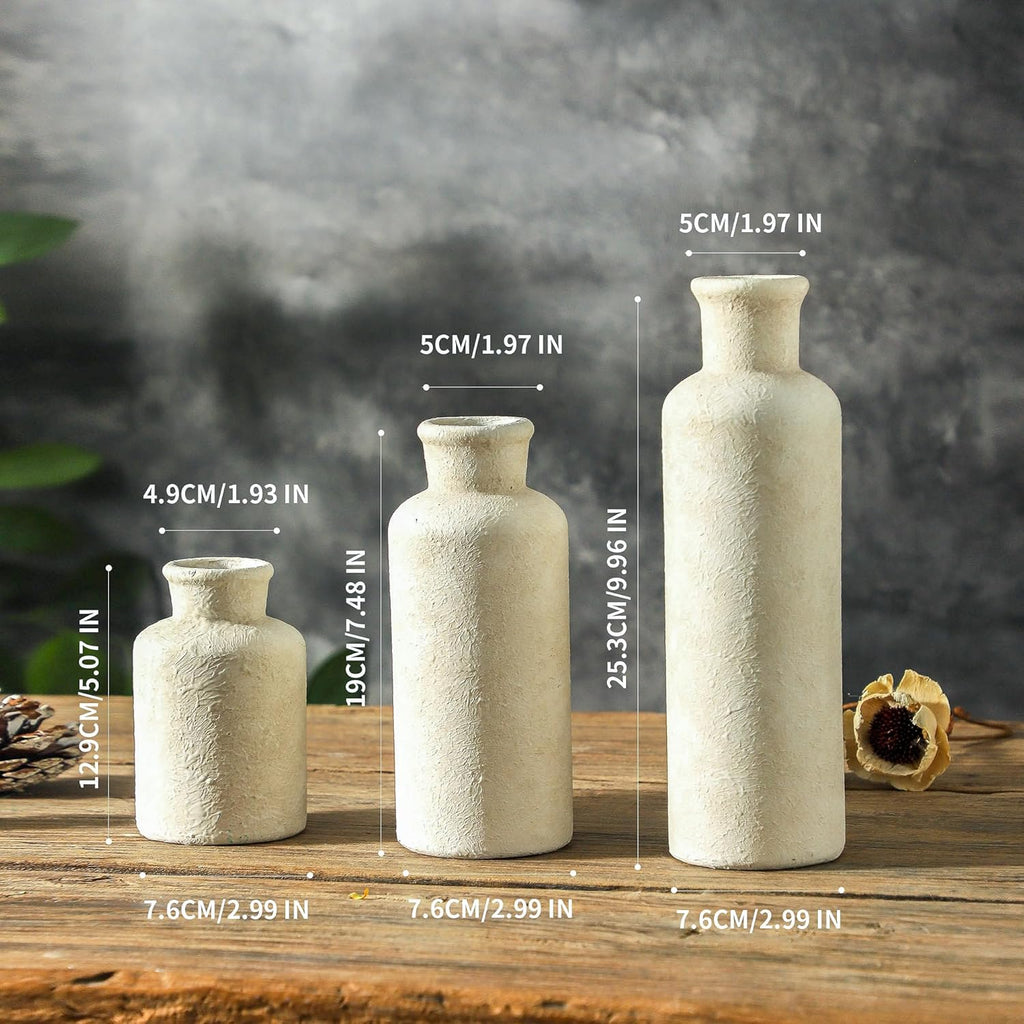 Set of 3 Whitewashed Farmhouse Ceramic Vases Neutral Rustic Home Decor Vases