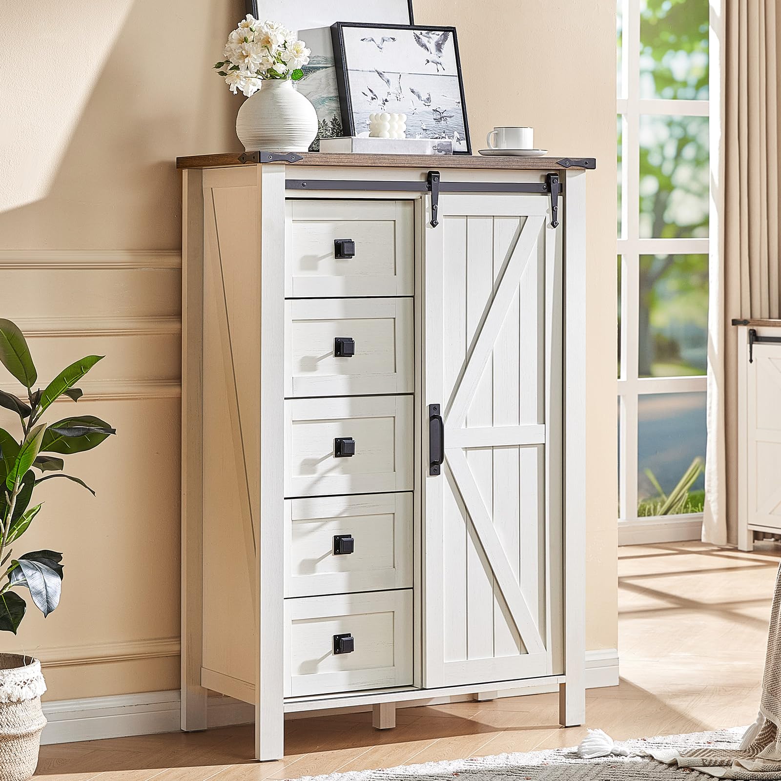 AMERLIFE 60" Farmhouse Dresser with Sliding Barn Doors, Rustic Dresser TV Stand with 4 Drawers, Storage Organizer for Bedroom/Entryway, Distressed White