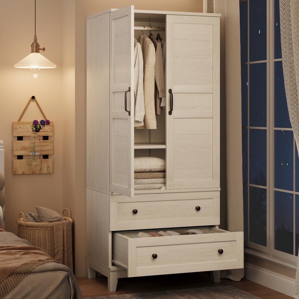 Garvee Armoire Wardrobe Closet with 2 Drawers, 72 in Tall Wooden Organizer with Hanging Rod, Large Storage Cabinet with Doors and Adjustable Shelves for Bedroom and Living Room, Rustic Brown