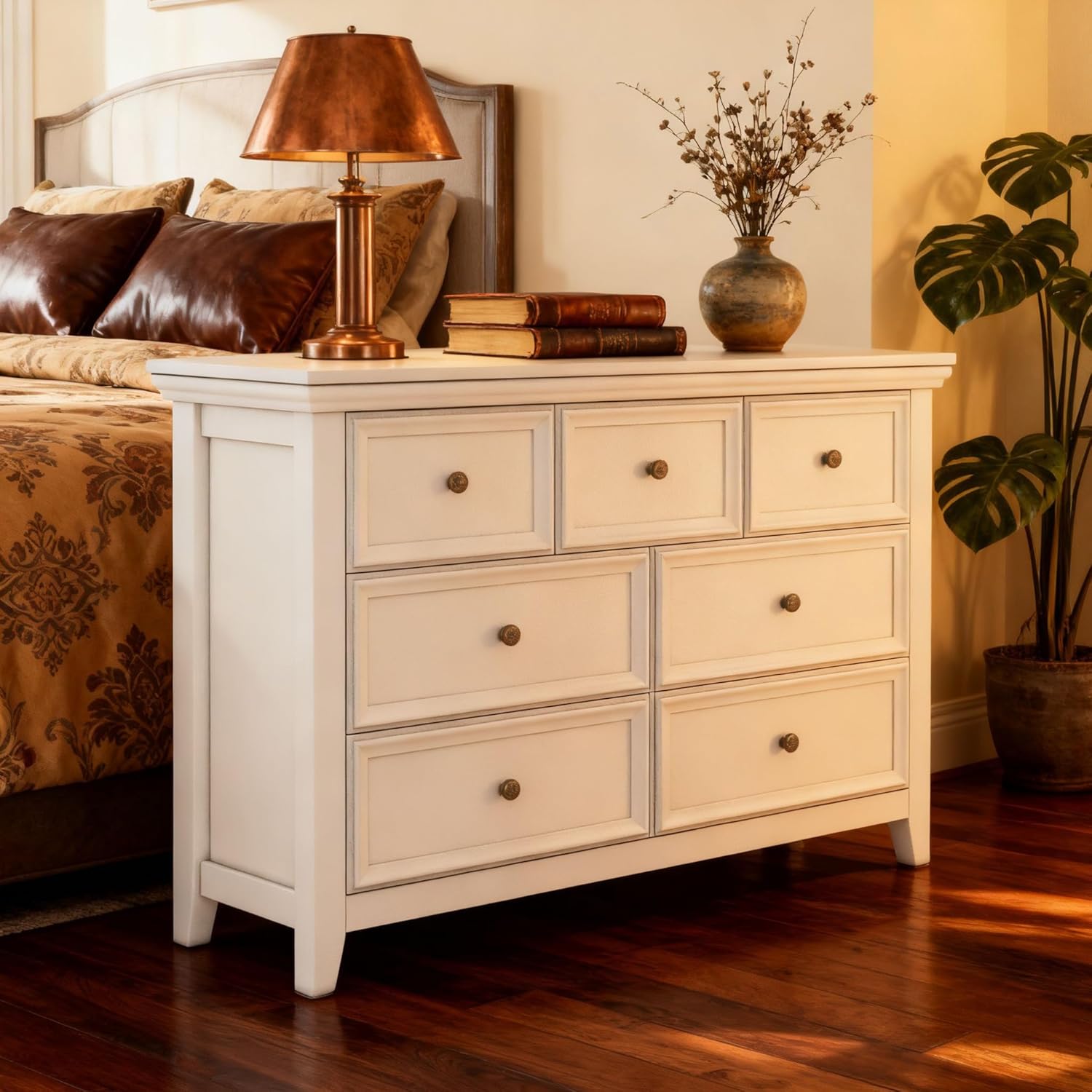 BOSHIRO White Dresser for Bedroom, White 7 Drawers Dresser, Modern 7 Chest of Drawers, Closet Dresser, Farmhouse Dresser with 7 Storage Drawers Cabinet for Home Office, Study Room