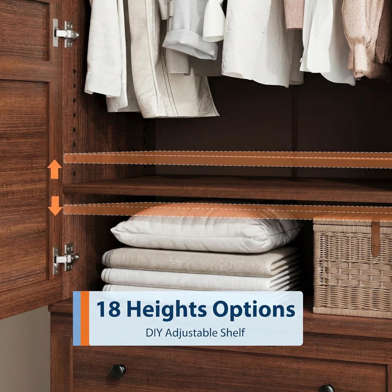 IDEALHOUSE 72" Armoire Wardrobe Closet with 2 Drawers, Heavy Duty Wooden Clothing Storage Cabinet with Hanging Rod and Adjustable Shelves, Large Bedroom Armoire with Doors, Walnut