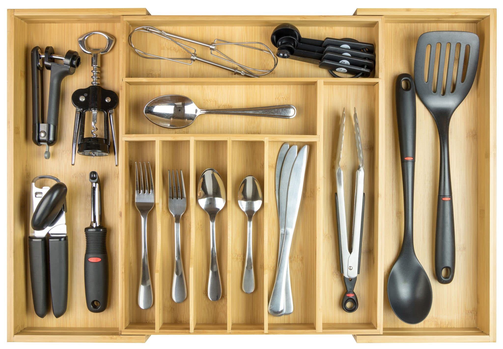 KitchenEdge Premium Silverware, Flatware and Utensil Organizer for Kitchen Drawers, Food-Safe Contract Grade, Expandable from 18 to 33 In, Natural Bamboo