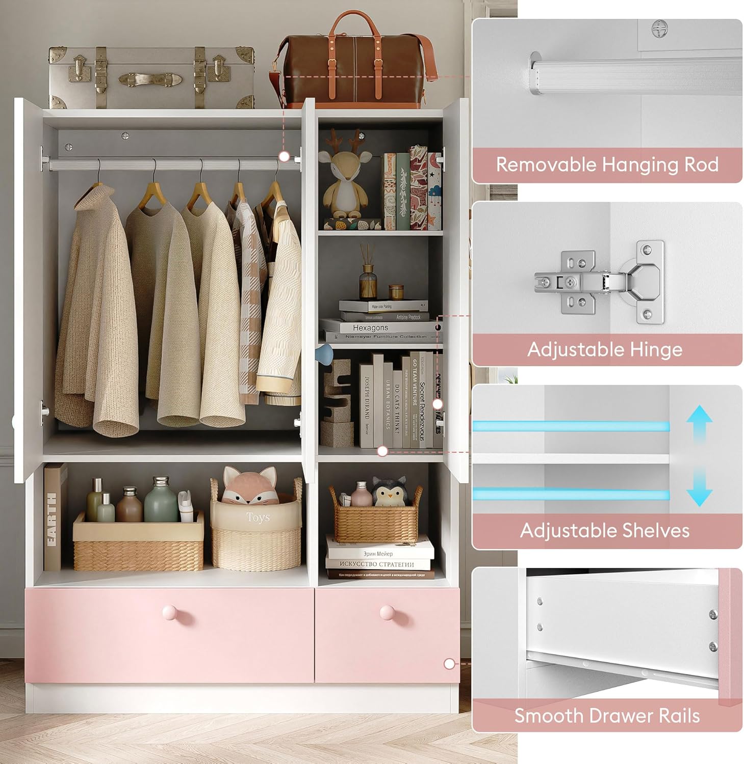 3-Door White Wooden Armoire Wardrobe with Drawers, Adjustable Shelves & Hanging Rod