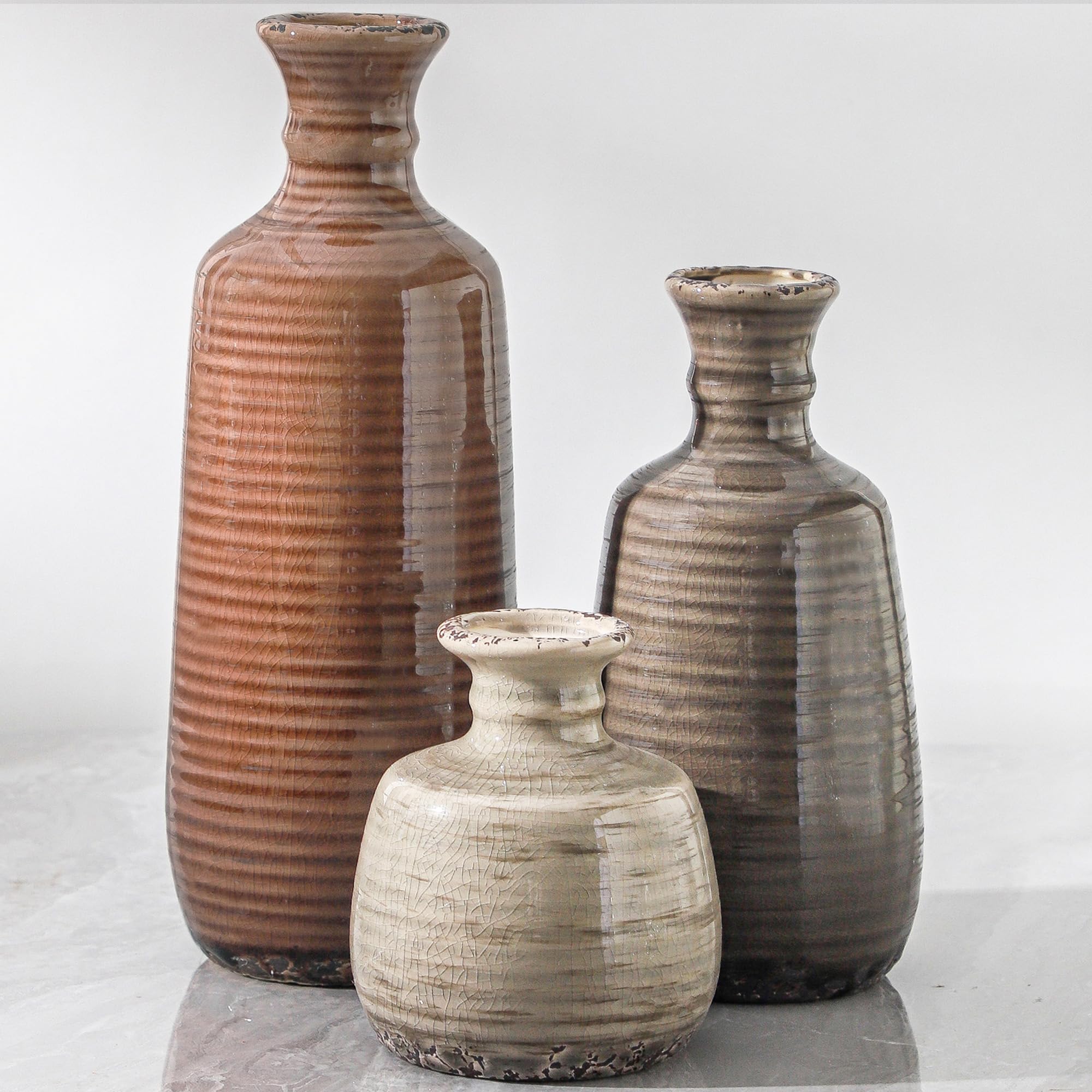 Ceramic Vase Set of 3 | Neutral Vase Home Decor with Handle | Pottery Modern Farmhouse Vases Pampas Grass Flower Vases for Home Decor Table Living Room Centerpieces Mantel Decor - Multicolor