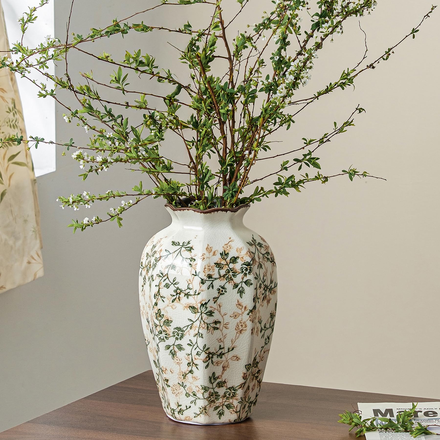 Ceramic Flower Vases Set of 3 | Green Rustic Farmhouse Vase Set for Home Decor, Vintage Floral Decorative Vase for Living Room & Kitchen, Mantel & Bookshelf, Centerpieces, Entryway(5.7+5.9+7.1Inch)