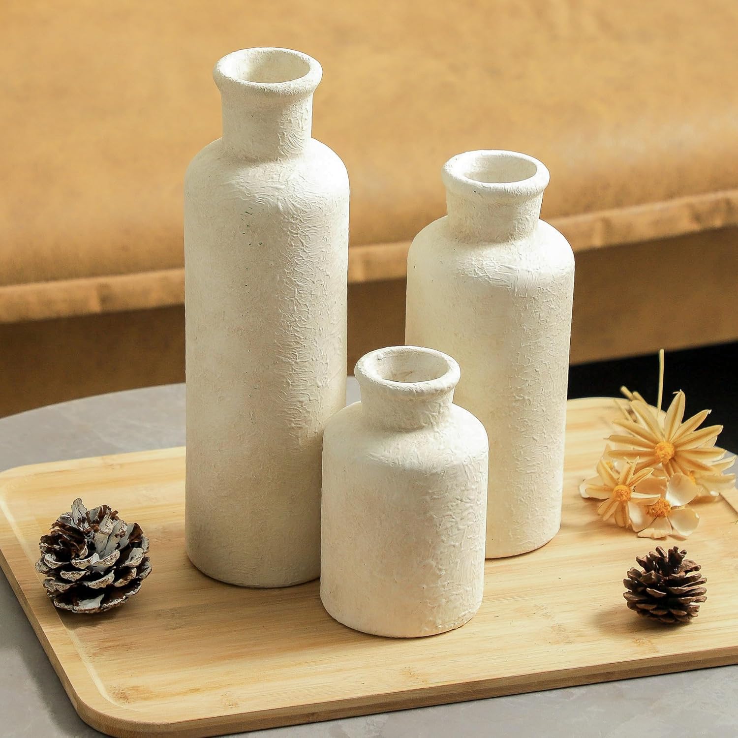 Set of 3 Whitewashed Farmhouse Ceramic Vases Neutral Rustic Home Decor Vases