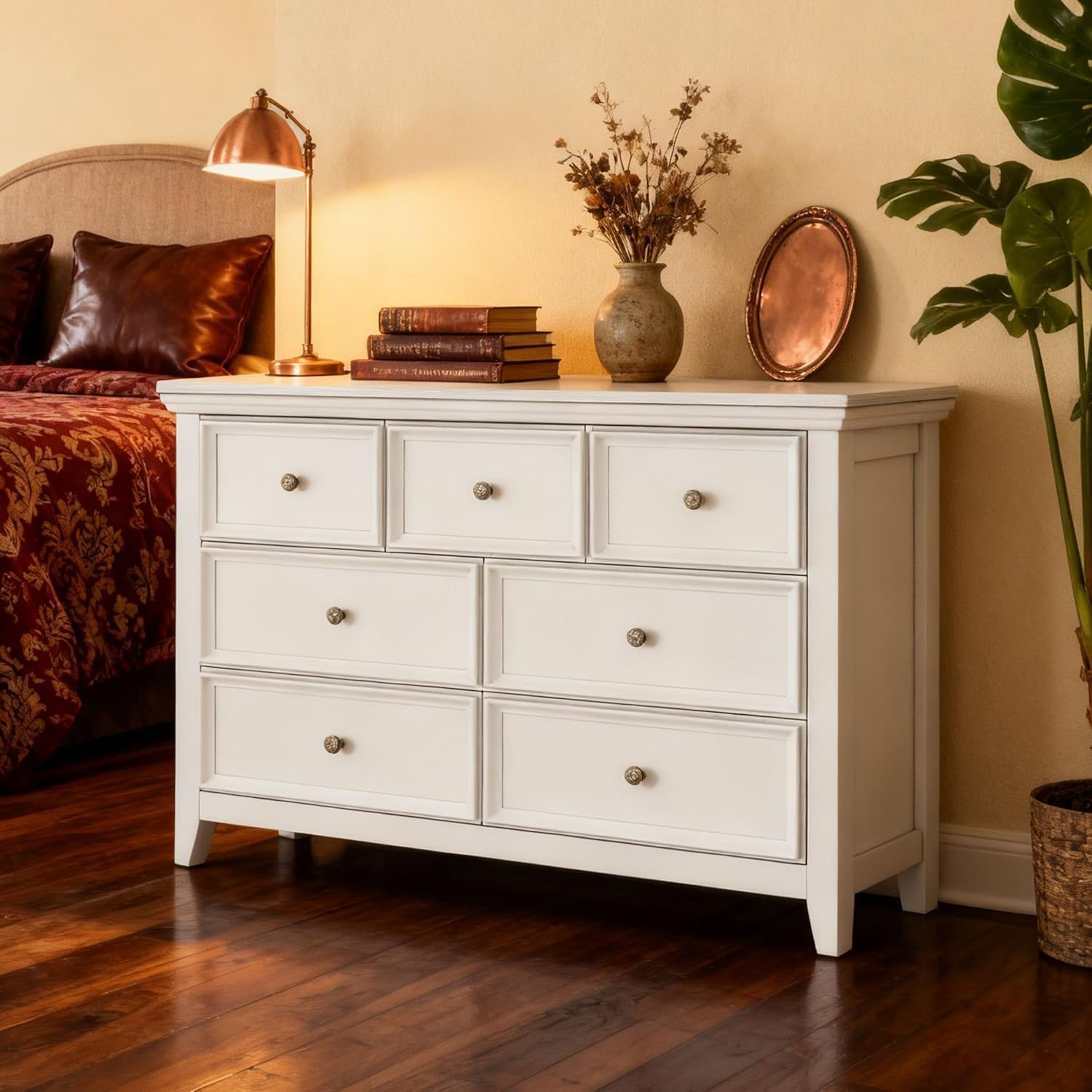 BOSHIRO White Dresser for Bedroom, White 7 Drawers Dresser, Modern 7 Chest of Drawers, Closet Dresser, Farmhouse Dresser with 7 Storage Drawers Cabinet for Home Office, Study Room
