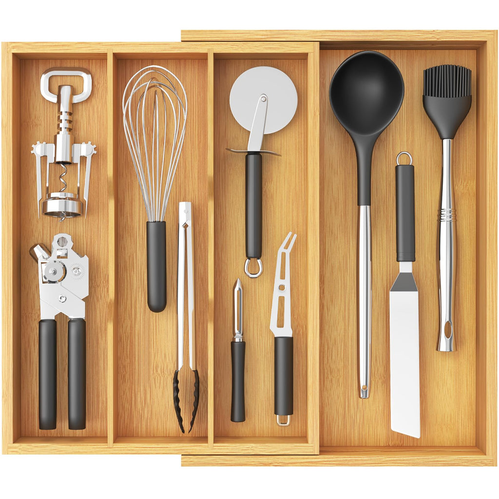 Expandable Wooden Kitchen Drawer Utensil Organizer Adjustable Cutlery Storage Tray 33-56×38cm Natural