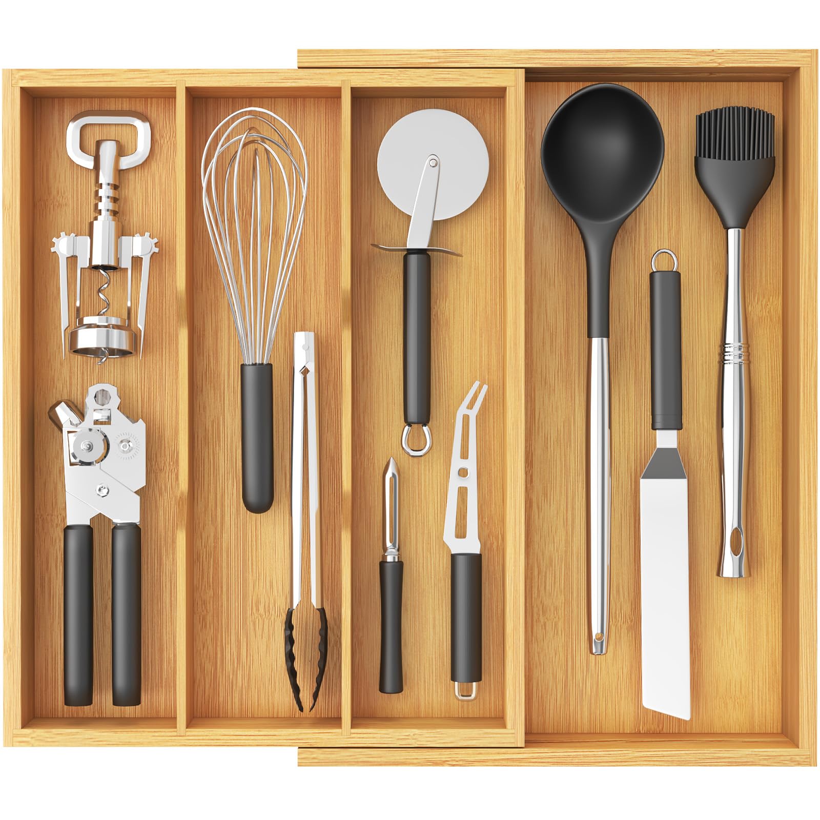 Expandable Wooden Kitchen Drawer Utensil Organizer Adjustable Cutlery Storage Tray 33-56×38cm Natural