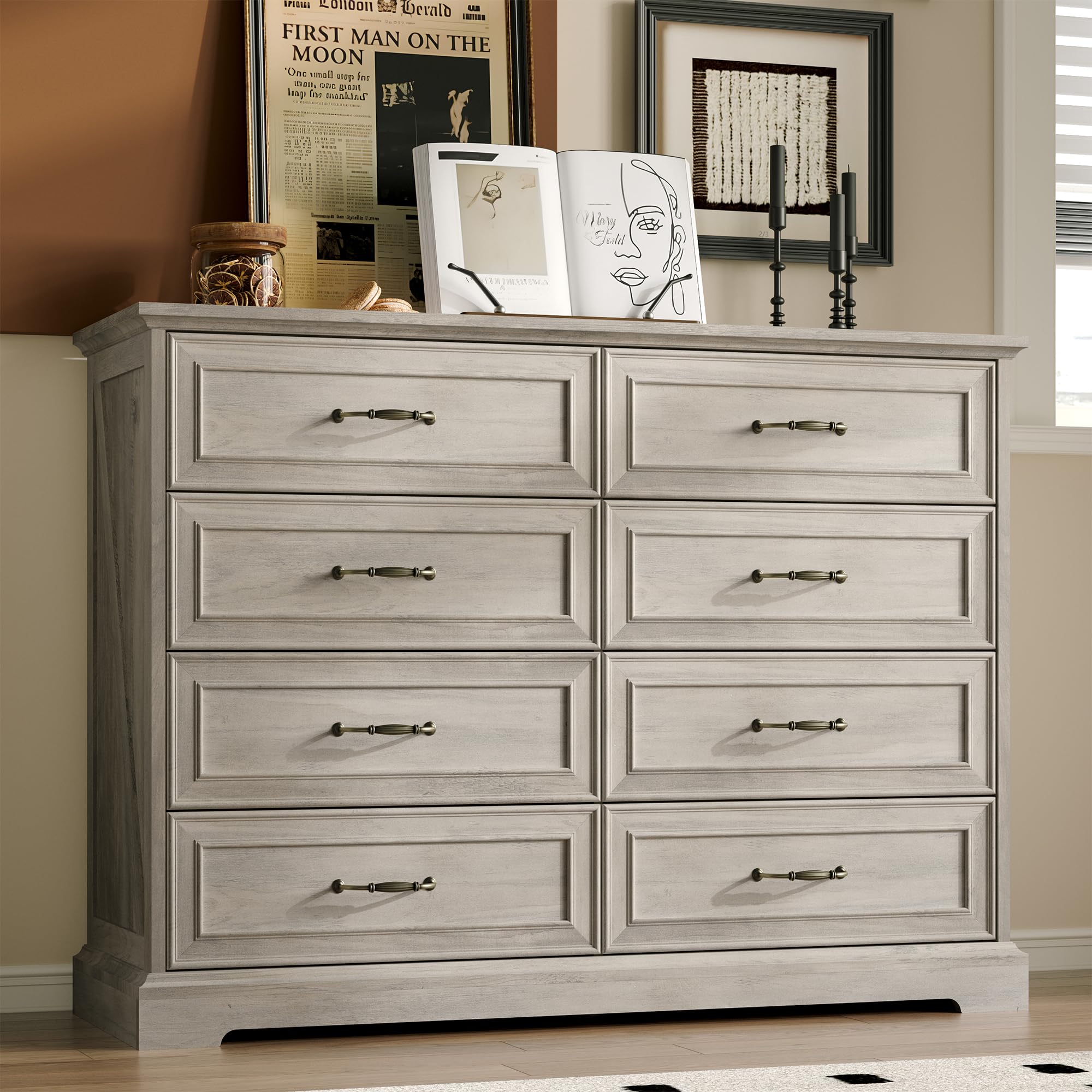 White Farmhouse 8-Drawer Wooden Dresser, 54" Wide Rustic Storage Chest with Bar Handles