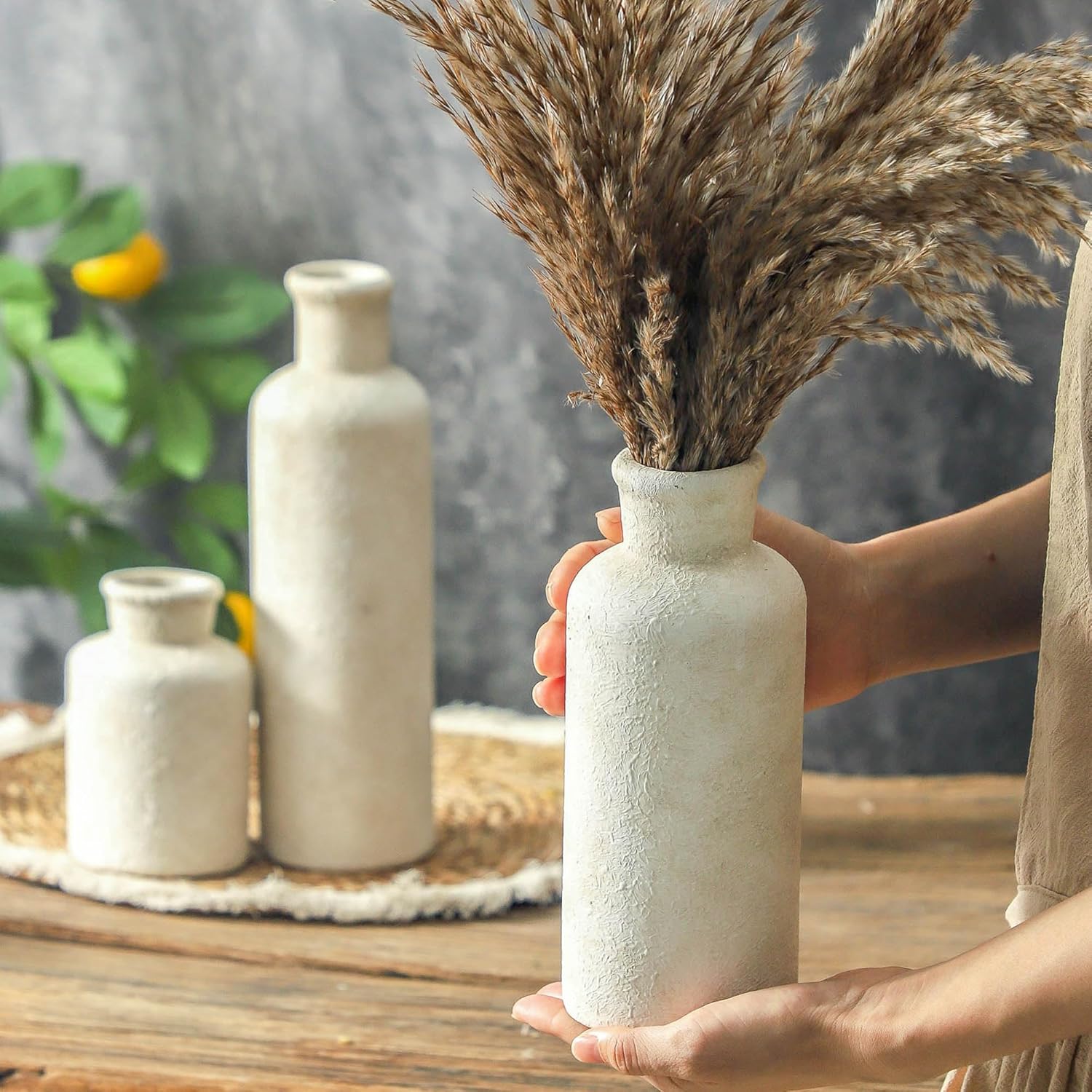 Set of 3 Whitewashed Farmhouse Ceramic Vases Neutral Rustic Home Decor Vases
