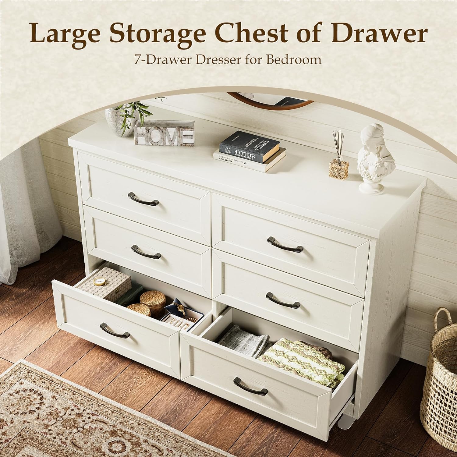 Vintage White Farmhouse 6-Drawer Wooden Dresser 47" Wide Bedroom Storage Chest