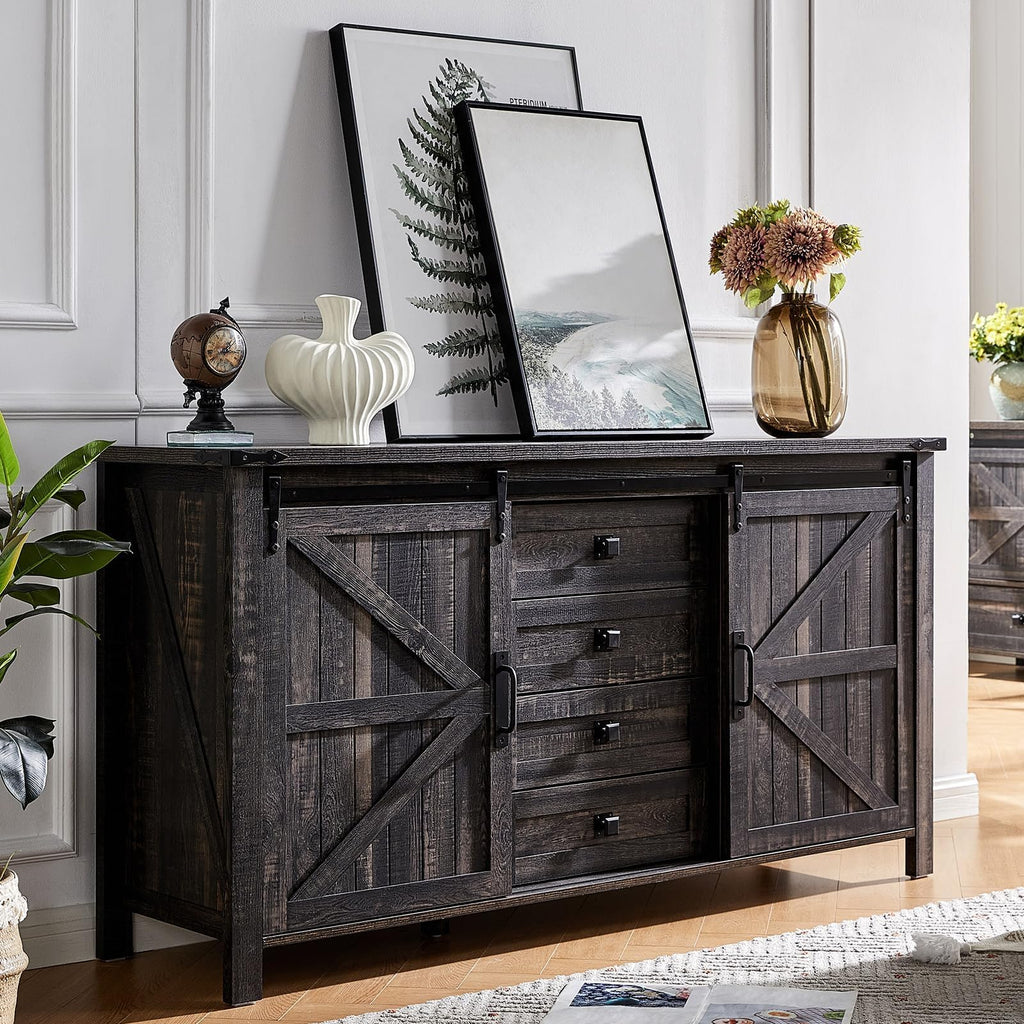 AMERLIFE 60" Farmhouse Dresser with Sliding Barn Doors, Rustic Dresser TV Stand with 4 Drawers, Storage Organizer for Bedroom/Entryway, Distressed White