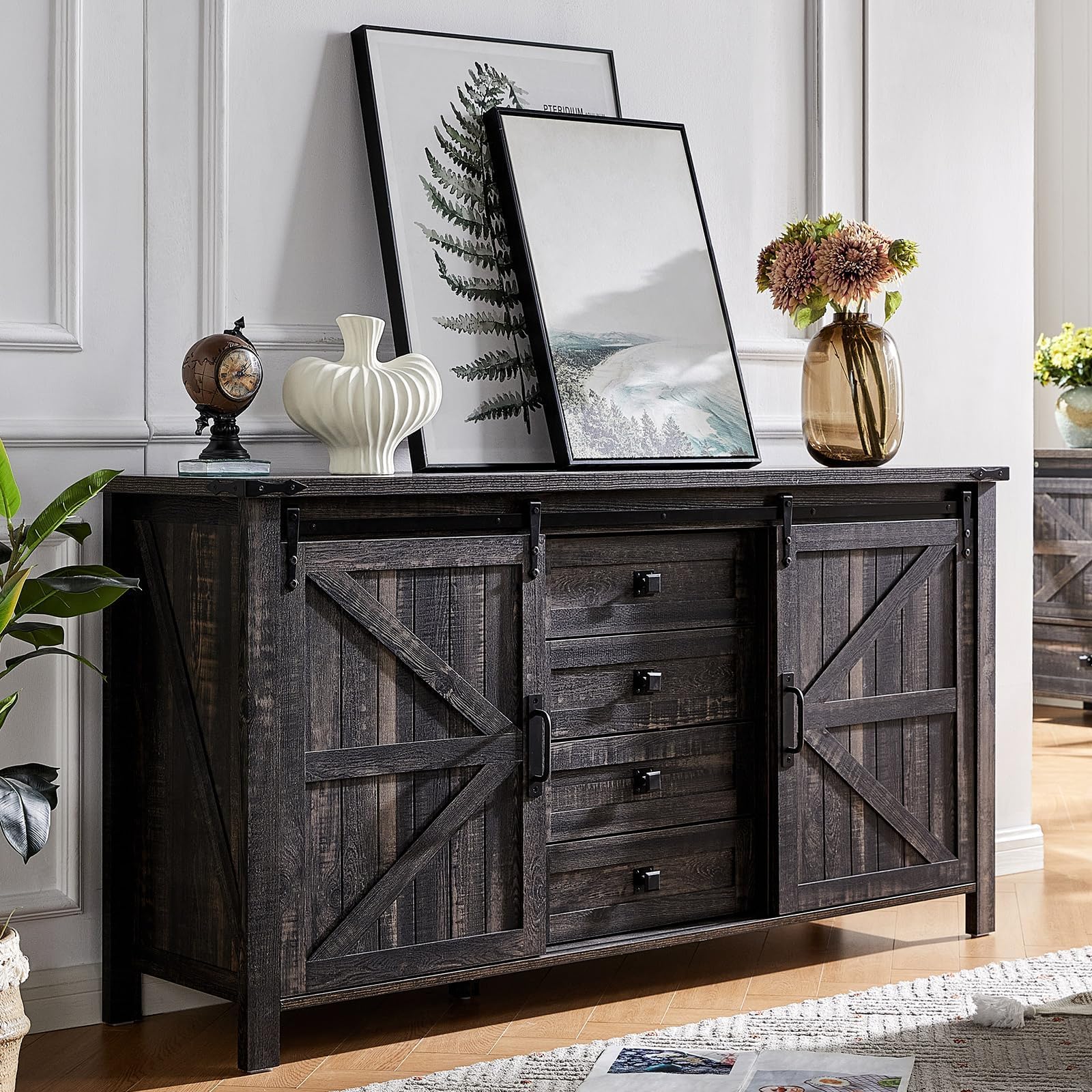 AMERLIFE 60" Farmhouse Dresser with Sliding Barn Doors, Rustic Dresser TV Stand with 4 Drawers, Storage Organizer for Bedroom/Entryway, Distressed White
