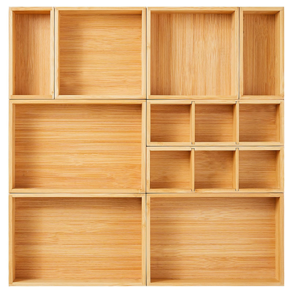 Fabsome Drawer Organizer, Set of 9 Bamboo Wood Kitchen Makeup Desk Junk Tea Drawer Storage Boxes Bins for Cutlery Silverware Utensils Flatware, Small Wooden Container Tray for Bathroom, Office