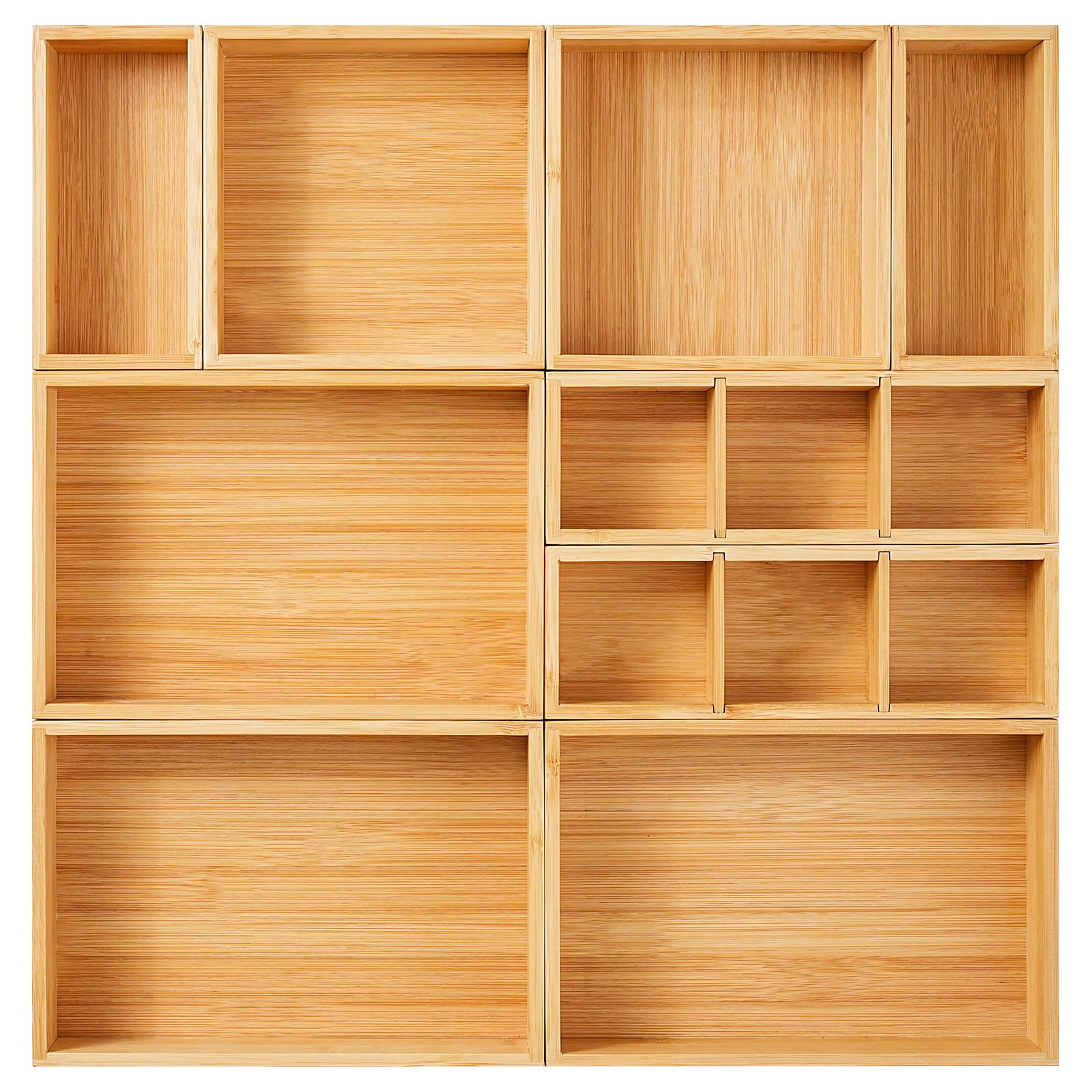 Fabsome Drawer Organizer, Set of 9 Bamboo Wood Kitchen Makeup Desk Junk Tea Drawer Storage Boxes Bins for Cutlery Silverware Utensils Flatware, Small Wooden Container Tray for Bathroom, Office