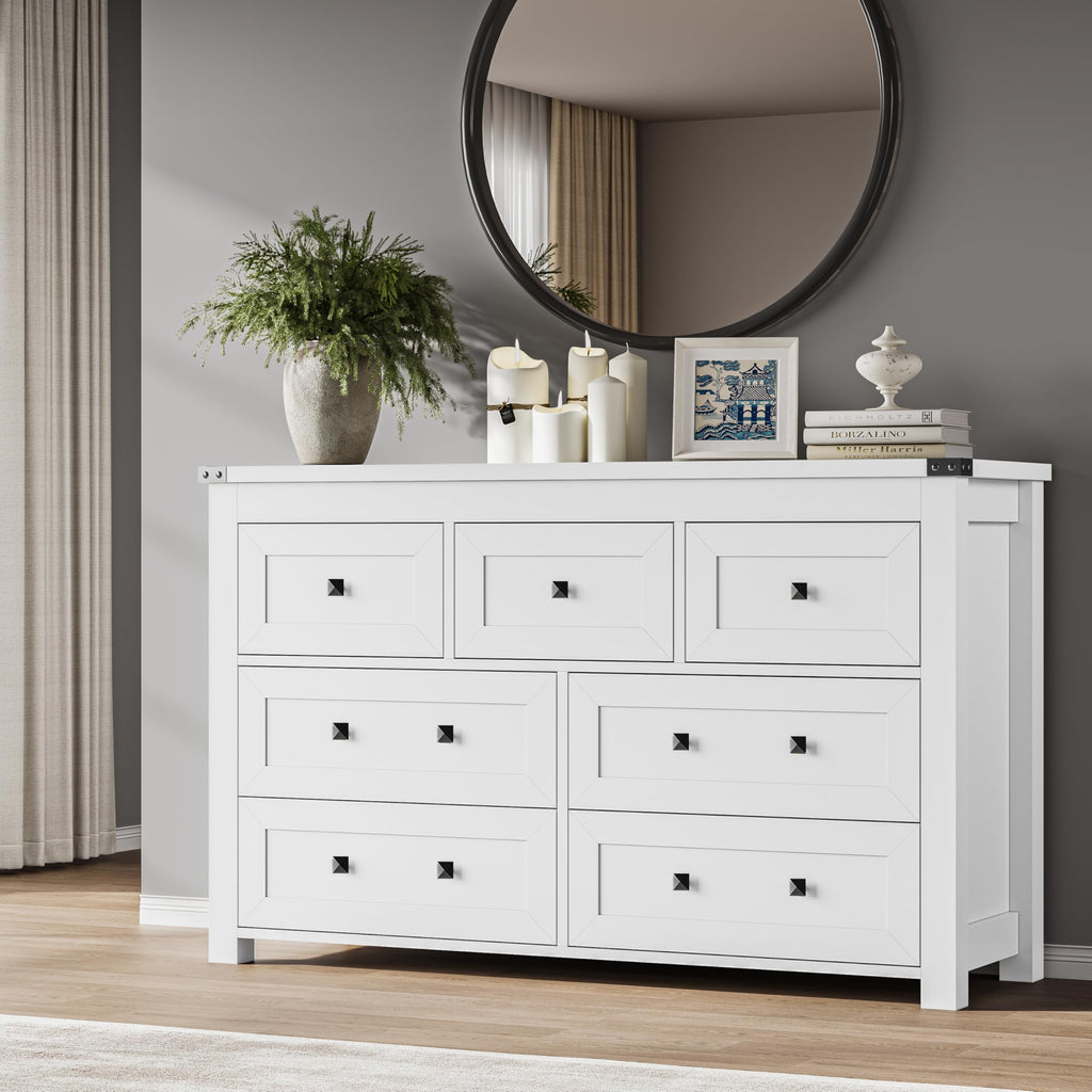 BORNOON 7-Drawer Dresser, Modern Wooden Storage Chest of Drawers, Dresser TV Stand, Wood Drawer Organizer with Metal Handles for Bedroom, Living Room, Hallway