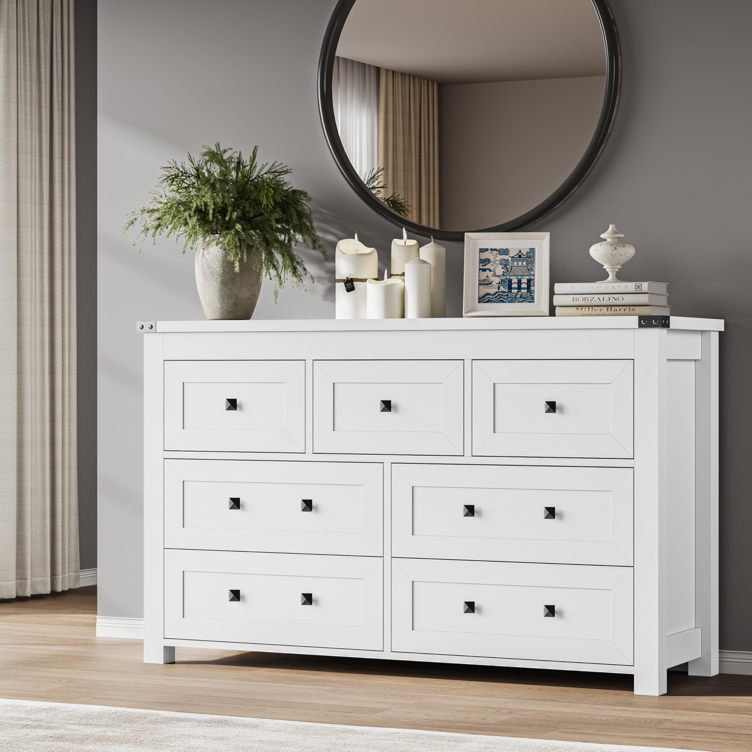 BORNOON 7-Drawer Dresser, Modern Wooden Storage Chest of Drawers, Dresser TV Stand, Wood Drawer Organizer with Metal Handles for Bedroom, Living Room, Hallway