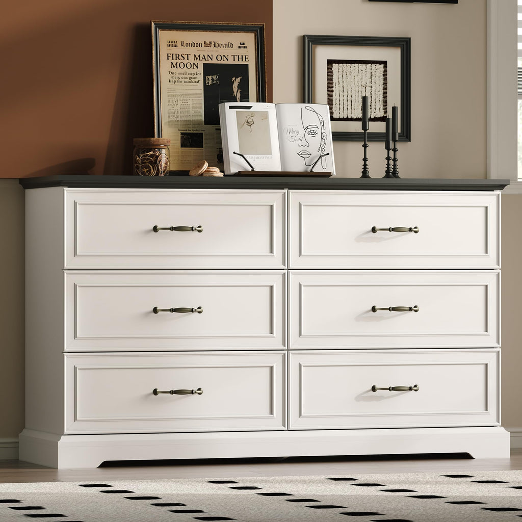 White Farmhouse 8-Drawer Wooden Dresser, 54" Wide Rustic Storage Chest with Bar Handles