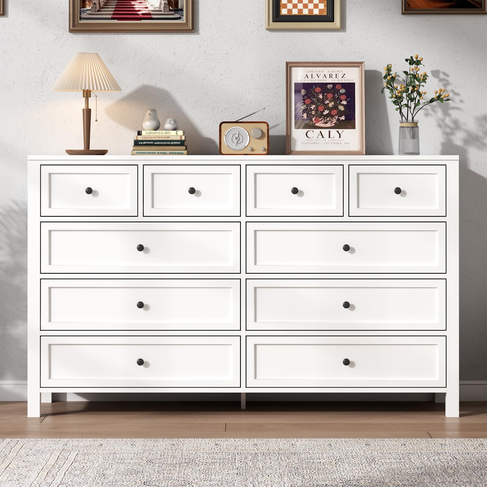 Farmhouse 7 Drawers Dresser for Bedroom, White Dresser Chest of Drawers, Wood Storage Dressers with Deep Drawers and Metal Handle, Wide Modern Dressers & TV Stand for Living Room, Closet, Hallway