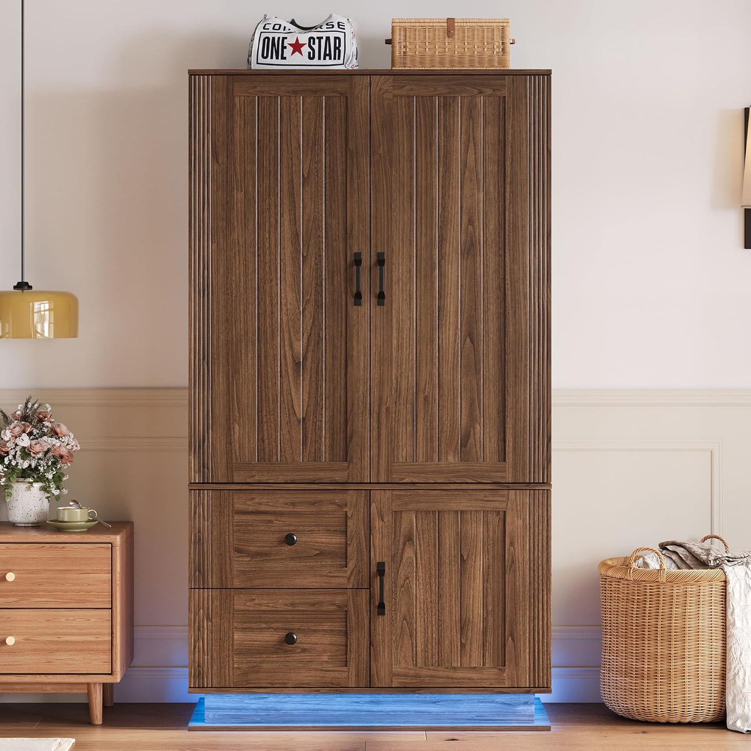 LIKIMIO Farmhouse Wardrobe Closet with Doors, 70" Bedroom Armoires with LED Lights and Hanging Rod, Wooden Large Wardrobe Cabinet with 2 Drawers and 1 Cabinet, Walnut