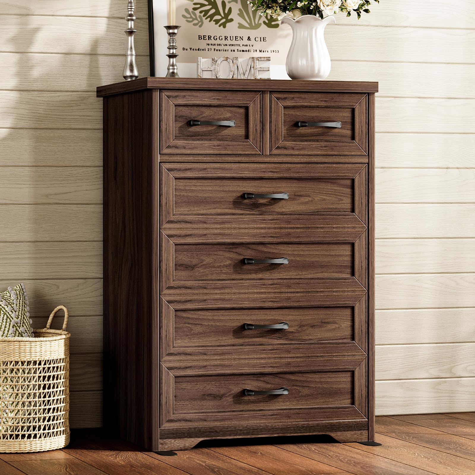 Vintage White Farmhouse 6-Drawer Wooden Dresser 47" Wide Bedroom Storage Chest