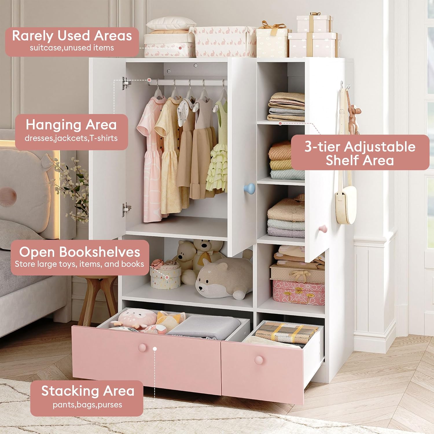 3-Door White Wooden Armoire Wardrobe with Drawers, Adjustable Shelves & Hanging Rod