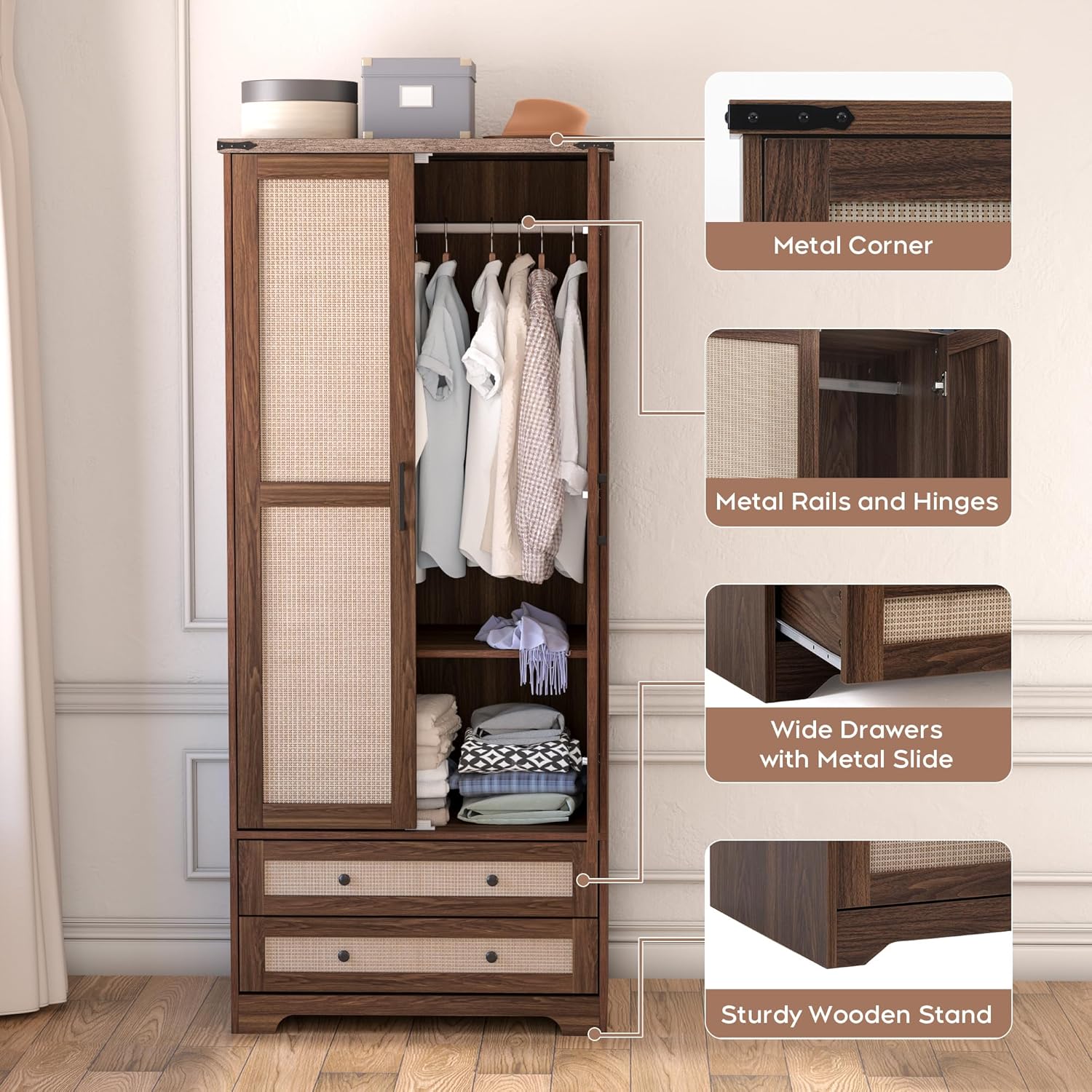 Brafab Armoire Wardrobe Closet with 2 Rattan Doors, 71" Farmhouse Tall Freestanding Coat Closet Wardrobe Cabinet with Drawers and Hanging Rail, Wooden Armoire Storage Cabinet with Shelf for Bedroom