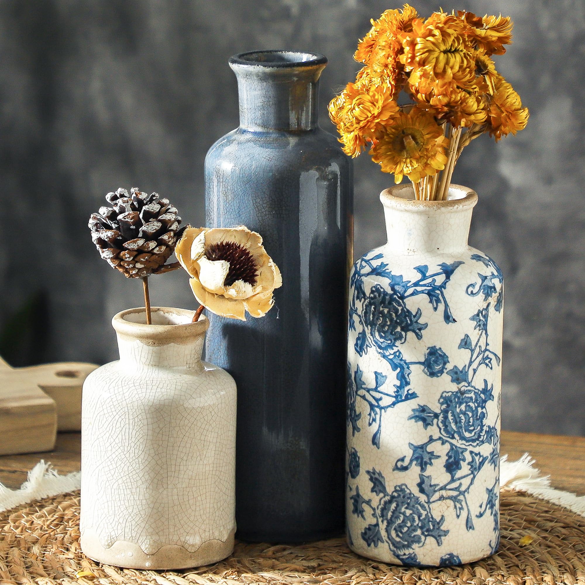 Set of 3 Whitewashed Farmhouse Ceramic Vases Neutral Rustic Home Decor Vases