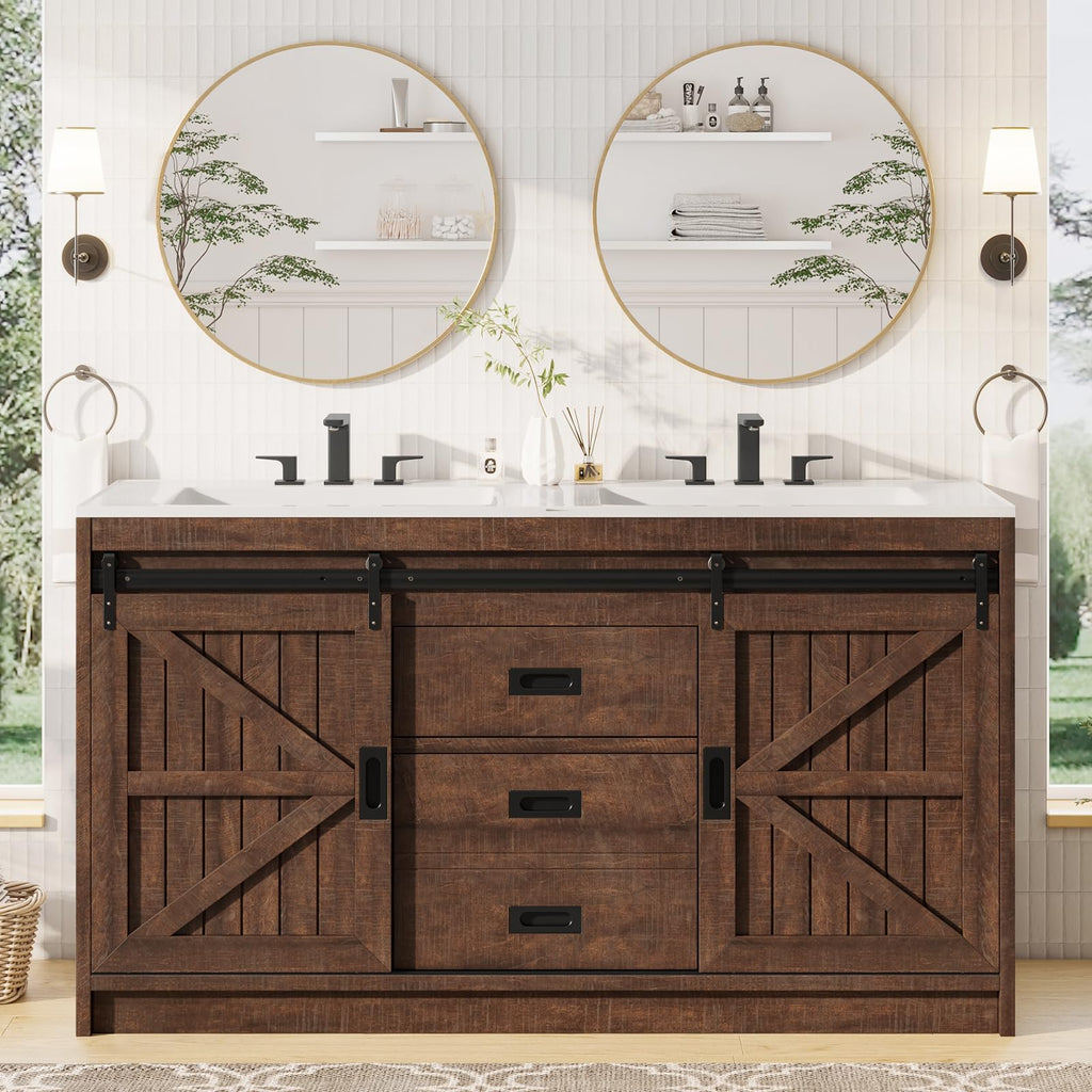 AMERLIFE 48" Farmhouse Freestanding Bathroom Vanity with Sink, Sliding Barn Doors Bathroom Vanity with Drawers & Deep Basin, Spacious Bathroom Storage, Rustic White