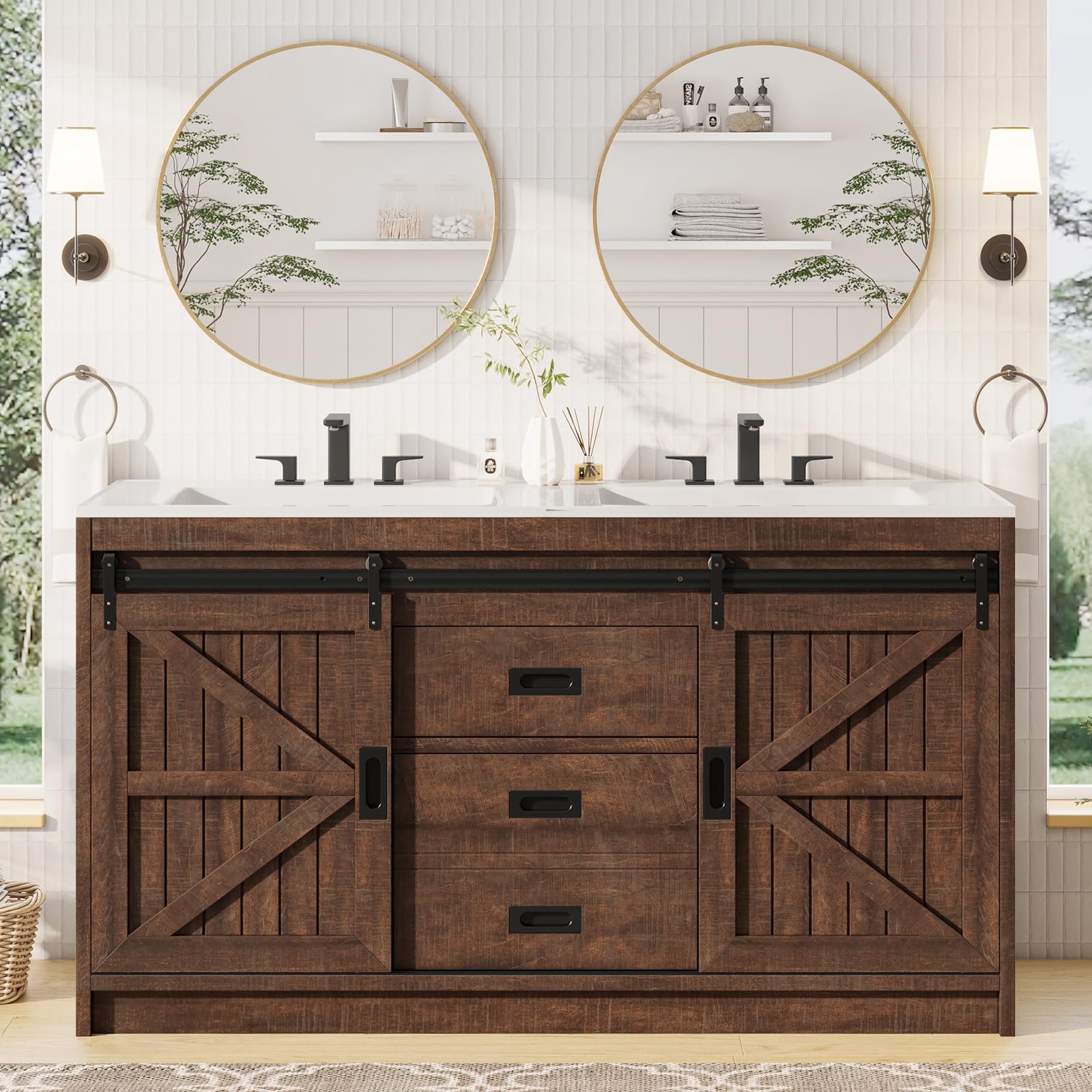 AMERLIFE 48" Farmhouse Freestanding Bathroom Vanity with Sink, Sliding Barn Doors Bathroom Vanity with Drawers & Deep Basin, Spacious Bathroom Storage, Rustic White