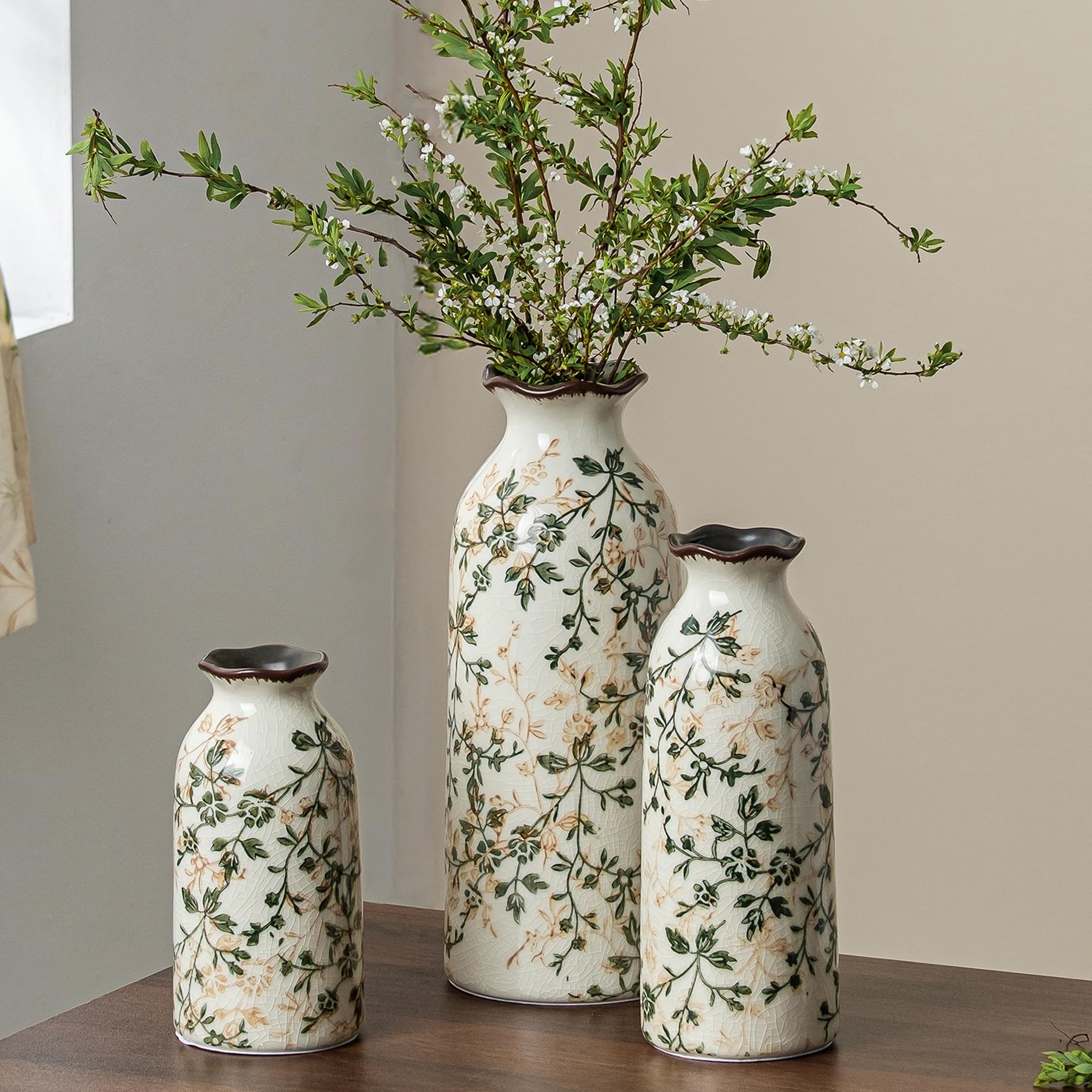 Ceramic Flower Vases Set of 3 | Green Rustic Farmhouse Vase Set for Home Decor, Vintage Floral Decorative Vase for Living Room & Kitchen, Mantel & Bookshelf, Centerpieces, Entryway(5.7+5.9+7.1Inch)