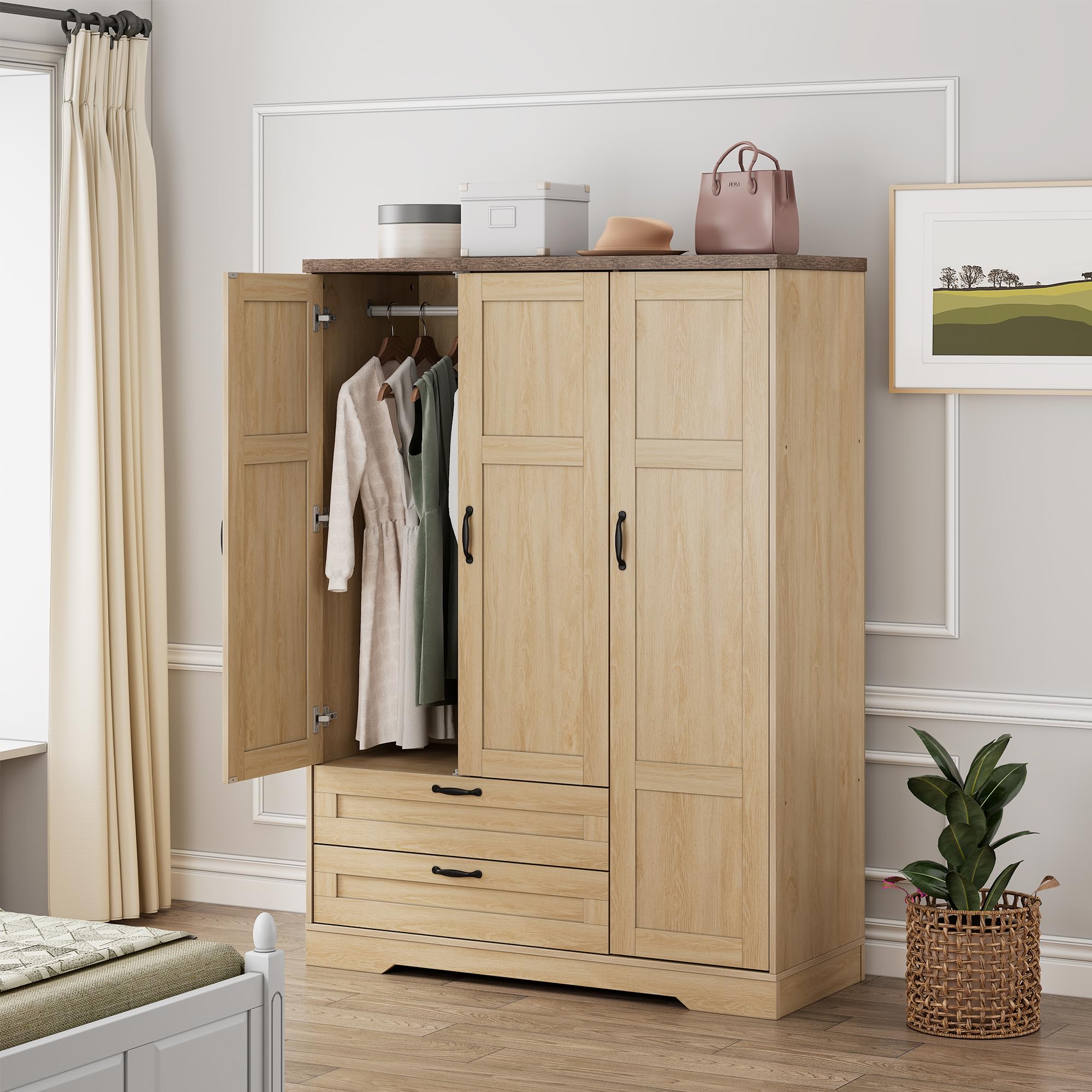 Brafab Armoire Wardrobe Closet with 2 Rattan Doors, 71" Farmhouse Tall Freestanding Coat Closet Wardrobe Cabinet with Drawers and Hanging Rail, Wooden Armoire Storage Cabinet with Shelf for Bedroom
