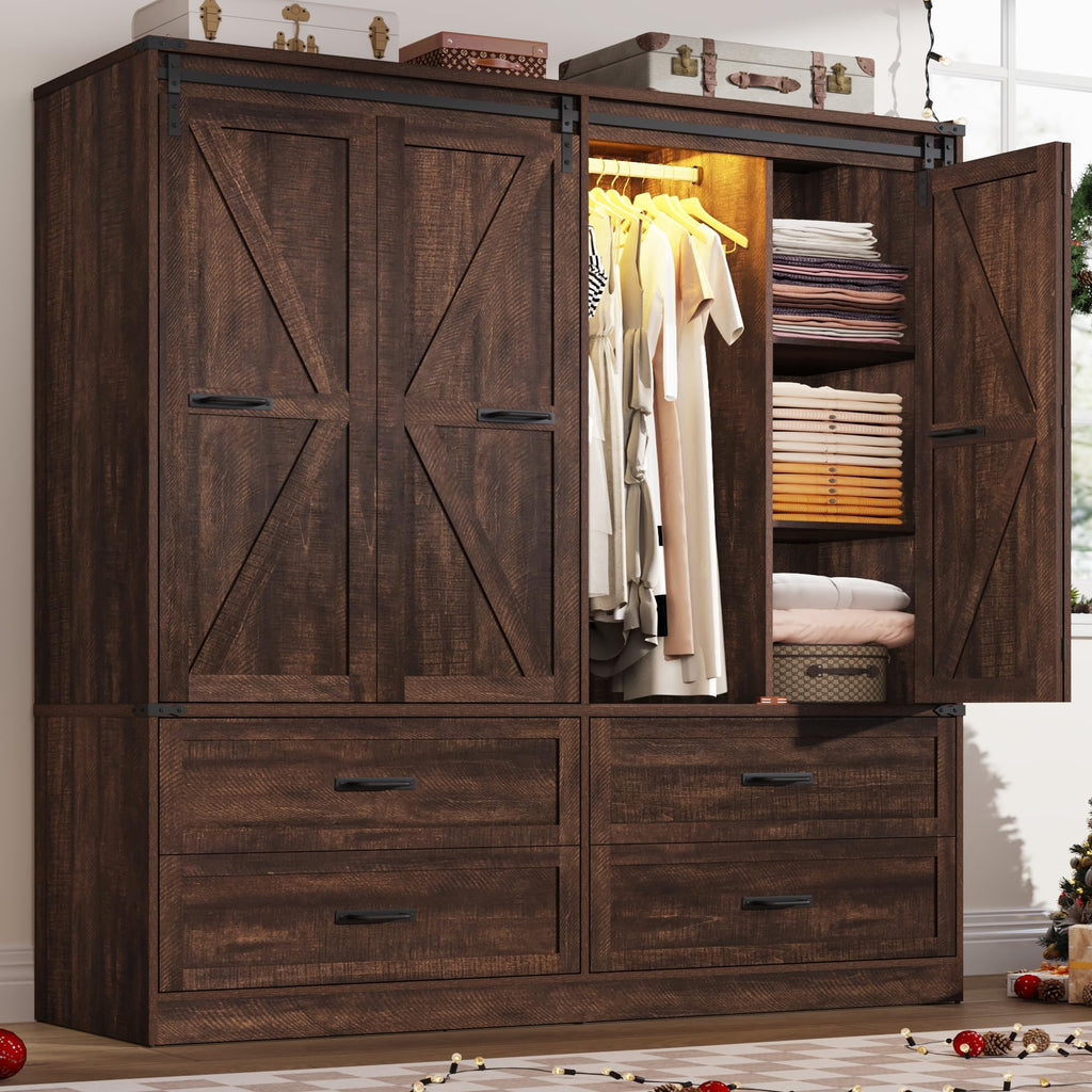 Farmhouse 3 Doors Armoire Wardrobe Closet w/Folding Sliding Barn Door and Lights, LED Armoire Closet w/Drawers for Bedroom, Freestanding Wooden Wardrobe Storage Closets w/Hanging Rod,Rustic Brown