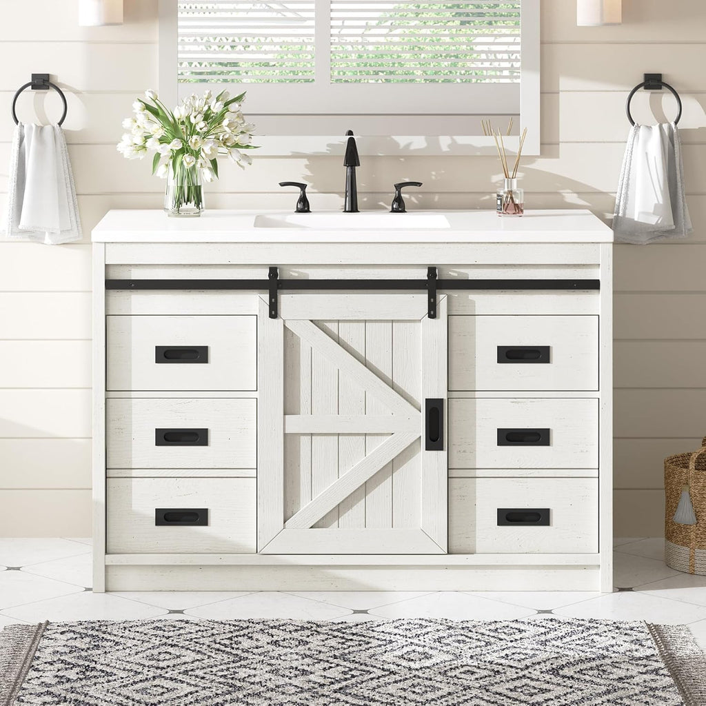 AMERLIFE 48" Farmhouse Freestanding Bathroom Vanity with Sink, Sliding Barn Doors Bathroom Vanity with Drawers & Deep Basin, Spacious Bathroom Storage, Rustic White