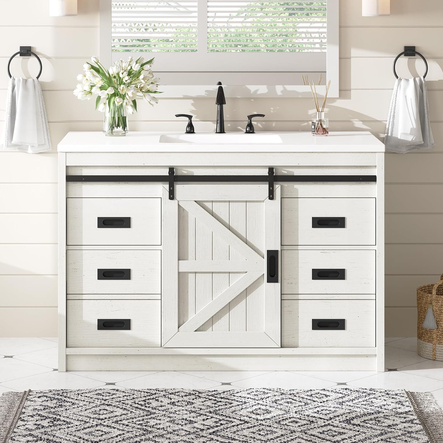 AMERLIFE 48" Farmhouse Freestanding Bathroom Vanity with Sink, Sliding Barn Doors Bathroom Vanity with Drawers & Deep Basin, Spacious Bathroom Storage, Rustic White