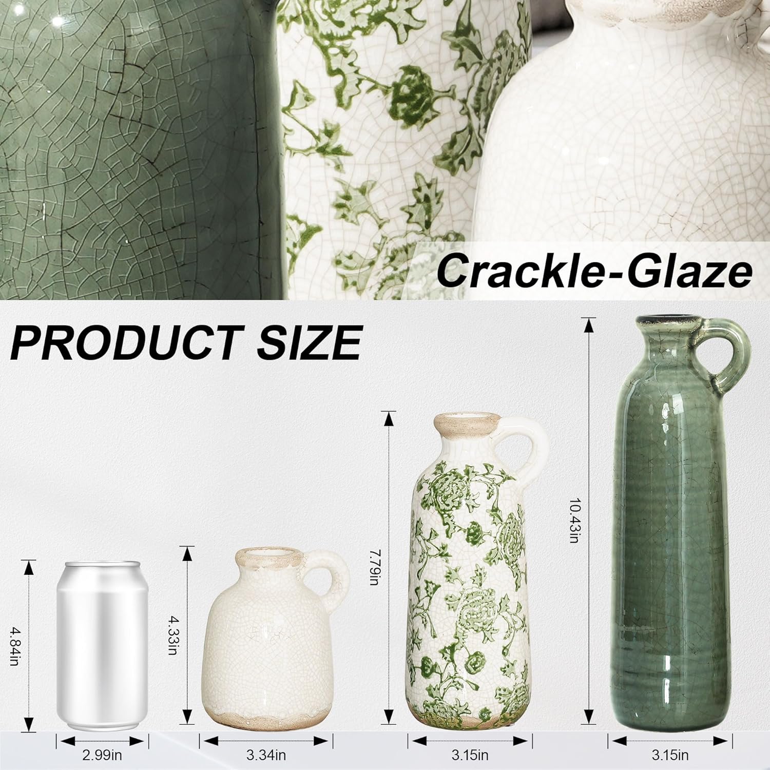 Ceramic Vase Set, 3Pcs Flower Vases for Modern Boho Farmhouse Decor, Decorative Vases for Pampas Grass & Dried Flowers, Distressed Finish