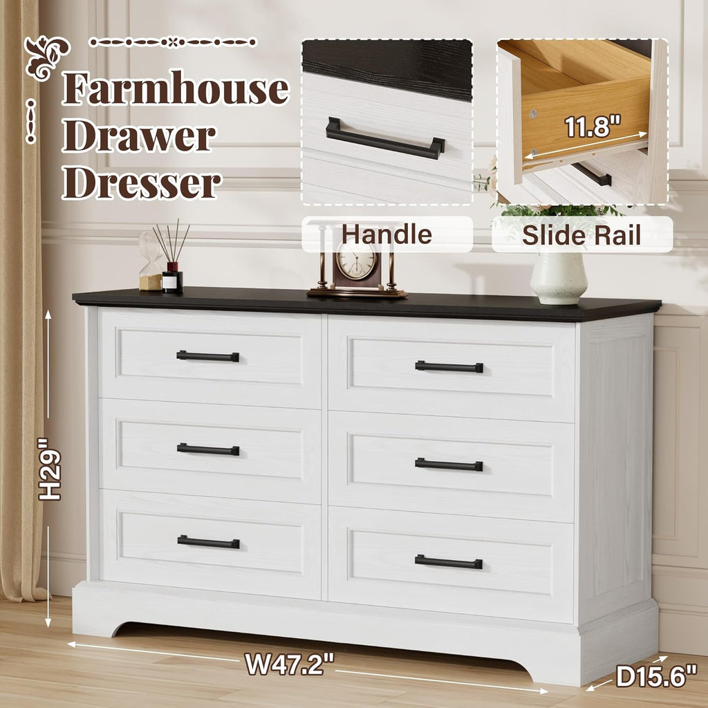 Furmax Farmhouse Dresser for Bedroom, 6 Drawers Dresser, Wood Chest of Drawers, 47.2" Wide Storage Dressers Organizer for Bedroom, Living Room, White and Black