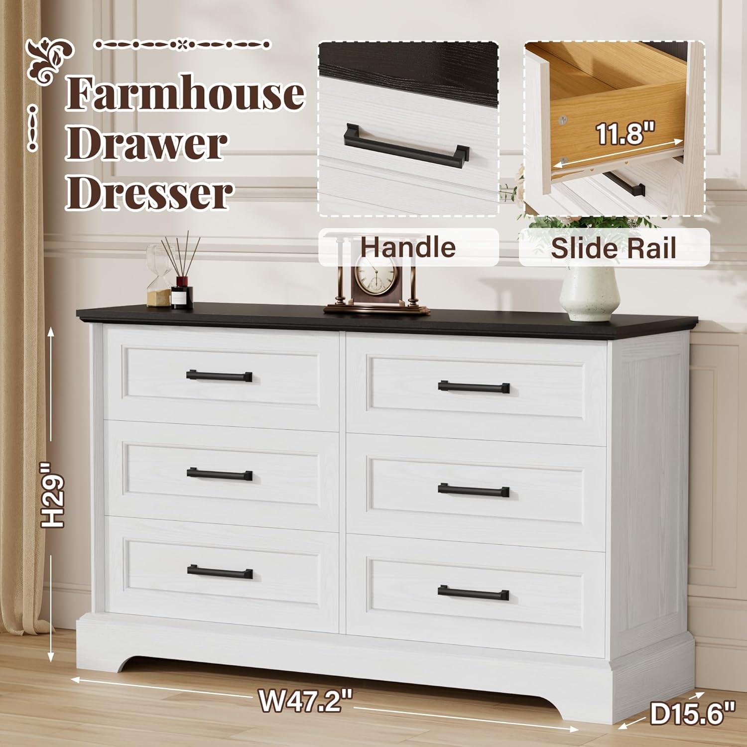 Furmax Farmhouse Dresser for Bedroom, 6 Drawers Dresser, Wood Chest of Drawers, 47.2" Wide Storage Dressers Organizer for Bedroom, Living Room, White and Black