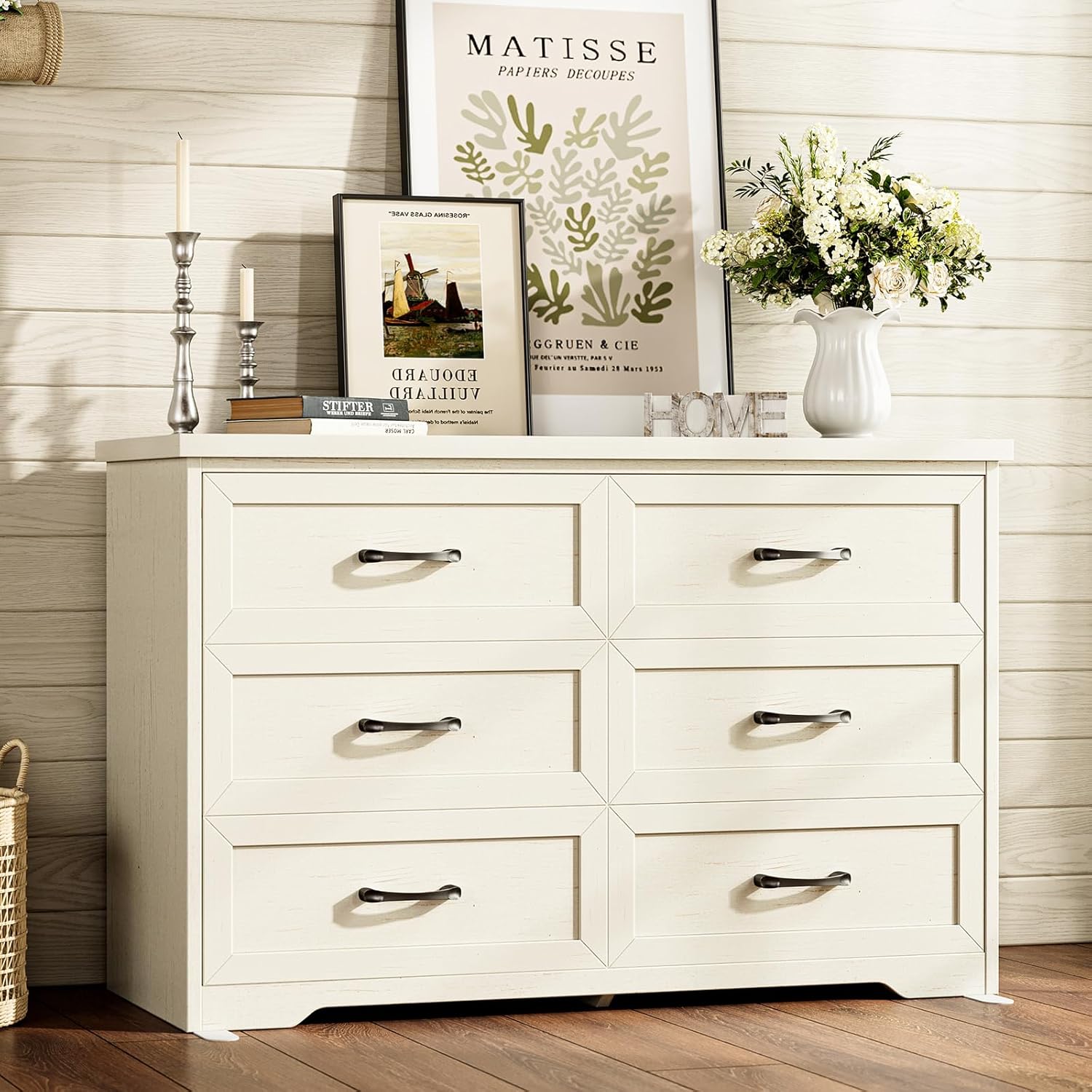 Vintage White Farmhouse 6-Drawer Wooden Dresser 47" Wide Bedroom Storage Chest